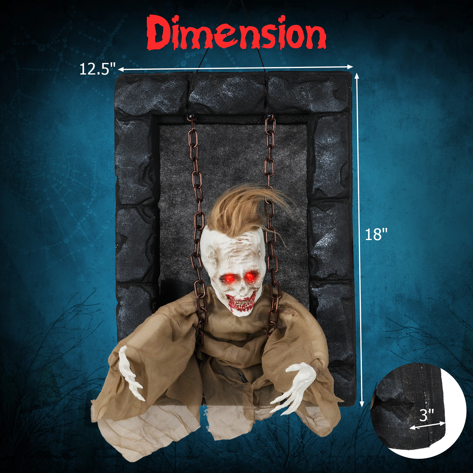 Glintex Animated Hanging Zombie Prisoner with Glowing Red Eyes and Sound Effects, Black & Beige