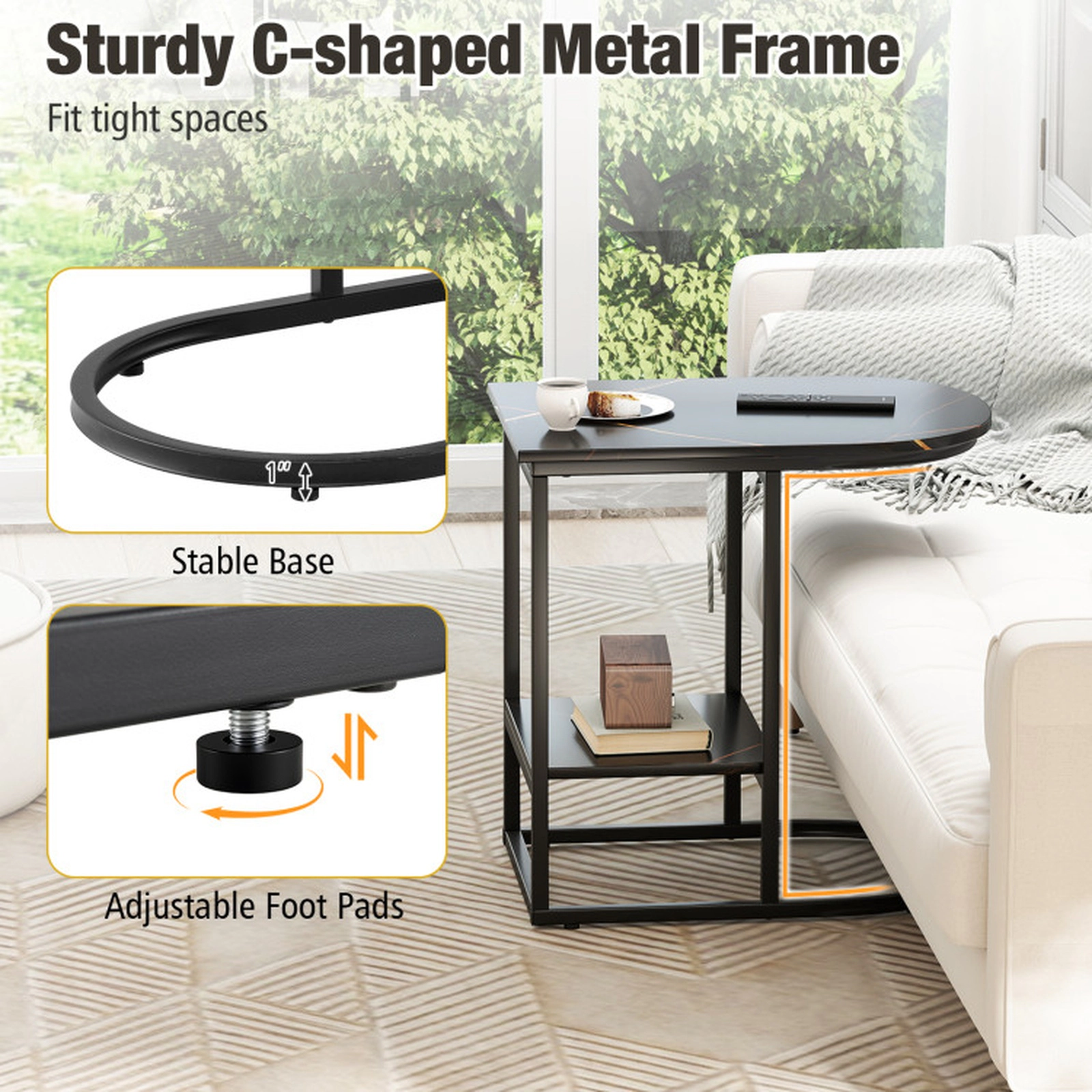 SUGIFT C-Shaped Modern Sofa Side Table Faux Marble Tabletop & Storage Shelf 66-lb Tabletop Capacity 22-lb Shelf Capacity