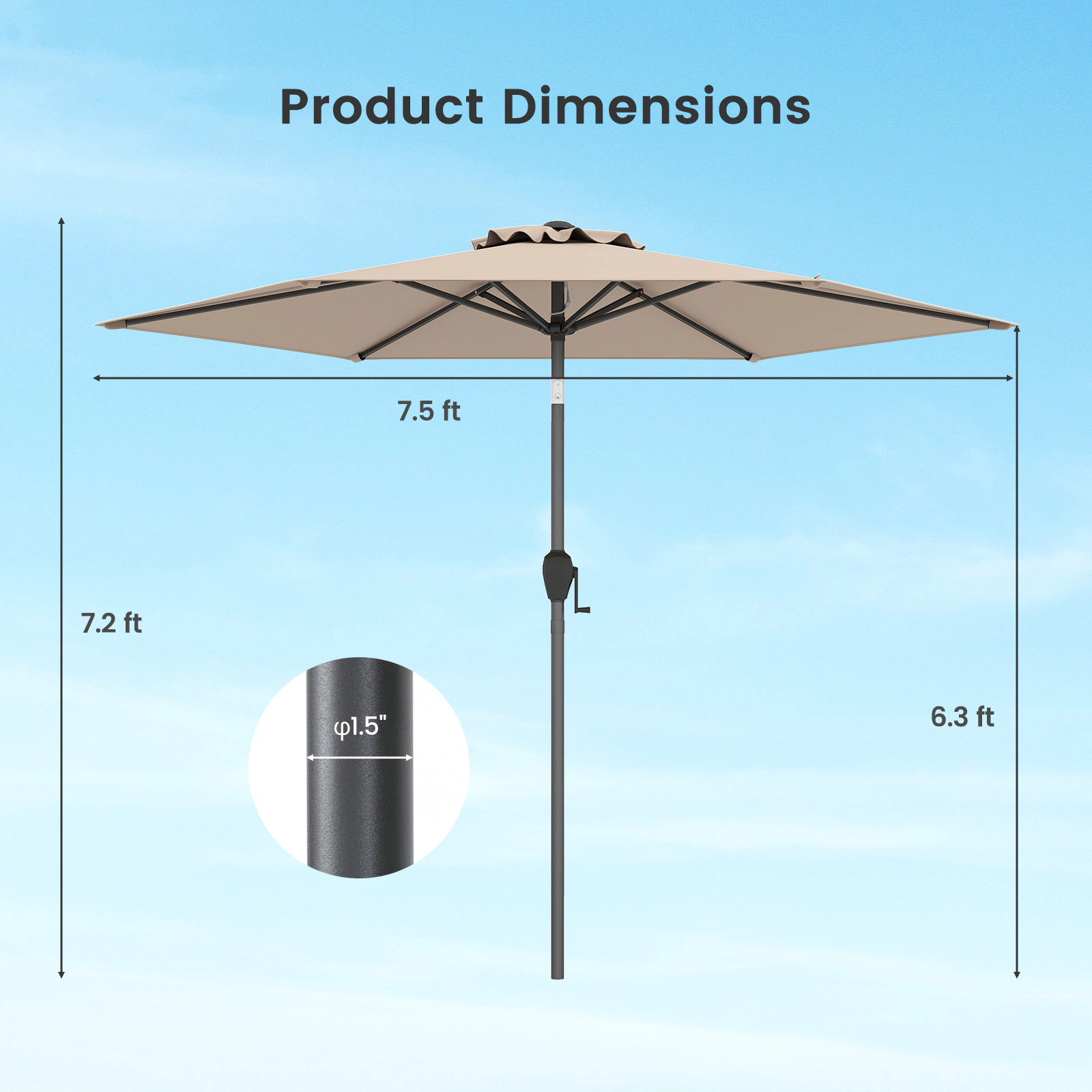 SUGIFT 7.5-ft Outdoor Patio Heavy Duty Market Umbrella with Crank Lift Push Button Tilt and Air Vent Tan