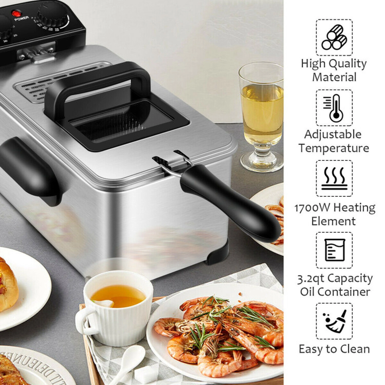 SUGIFT 1700W Electric Deep Fryer 3.2-qt Oil Capacity 12-Cup Basket 60-Minute Timer 302-374 F Thermostat Black/Silver