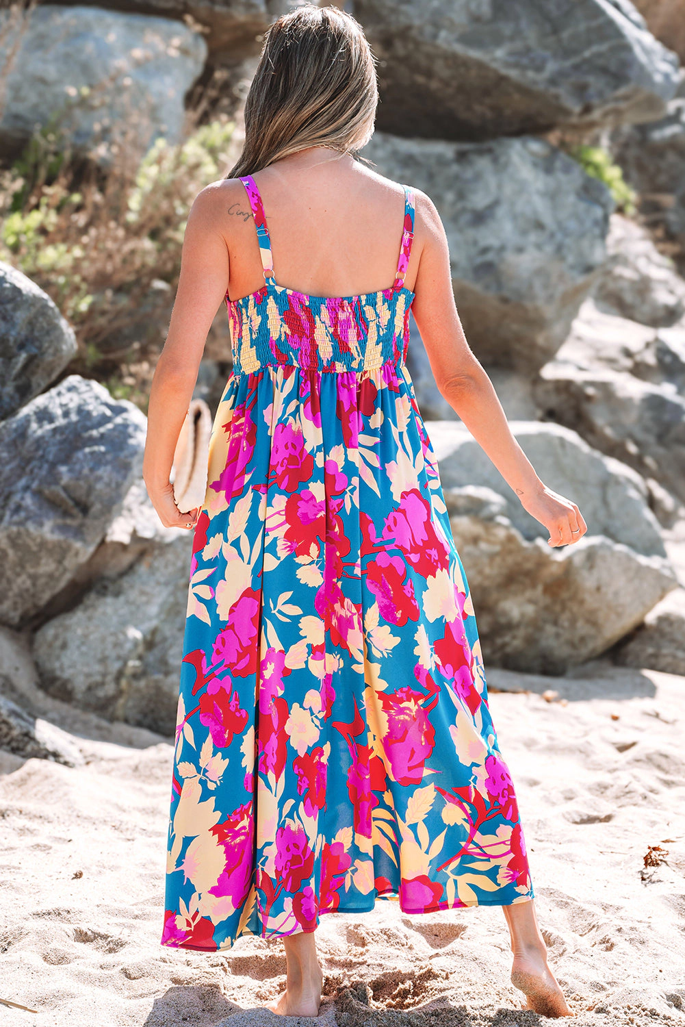 Threaded Pear Women's Goldie Floral High Waist Sleeveless Flared Long Dress
