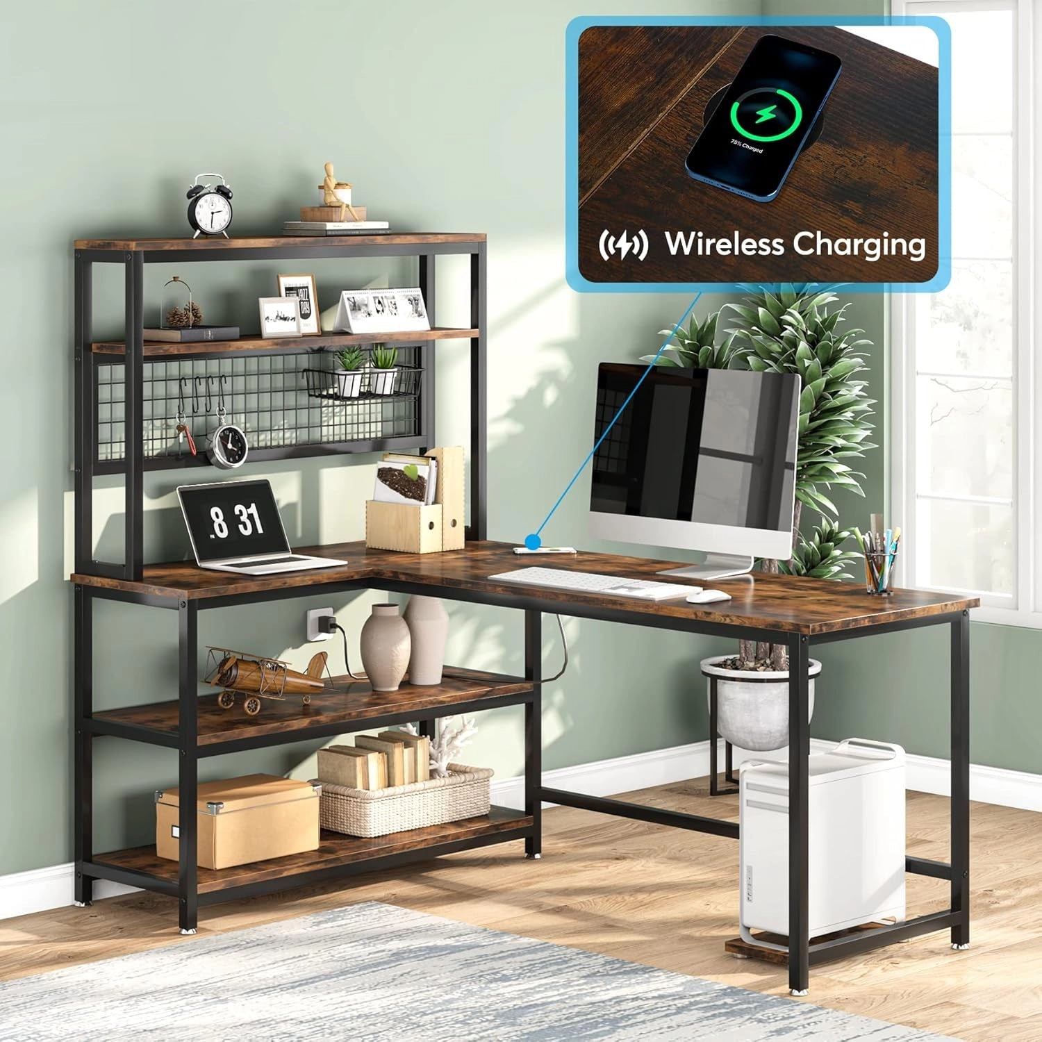 Tribesigns Modern L-Shaped Wood Desk with Wireless Charging
