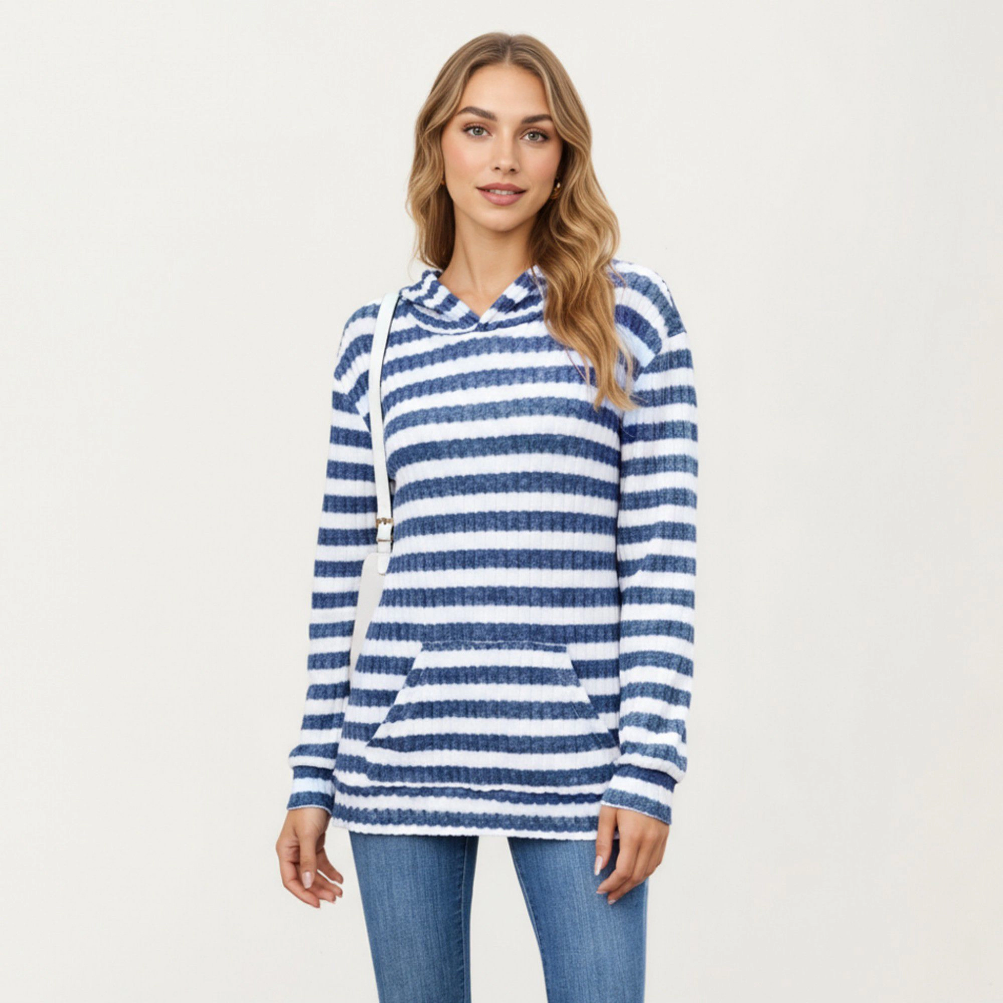 Anna-Kaci Women's Striped Ribbed Tunic Length Kangaroo Pocket Long Sleeve Knit Hoodie Top