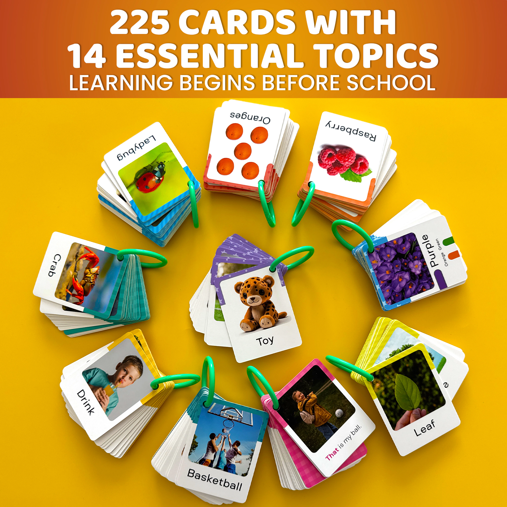 QUOKKA Flash Card Set for Toddlers Ages 1–3, 225 Picture Cards with Rings, Alphabet, Numbers, Animals & Everyday Objects
