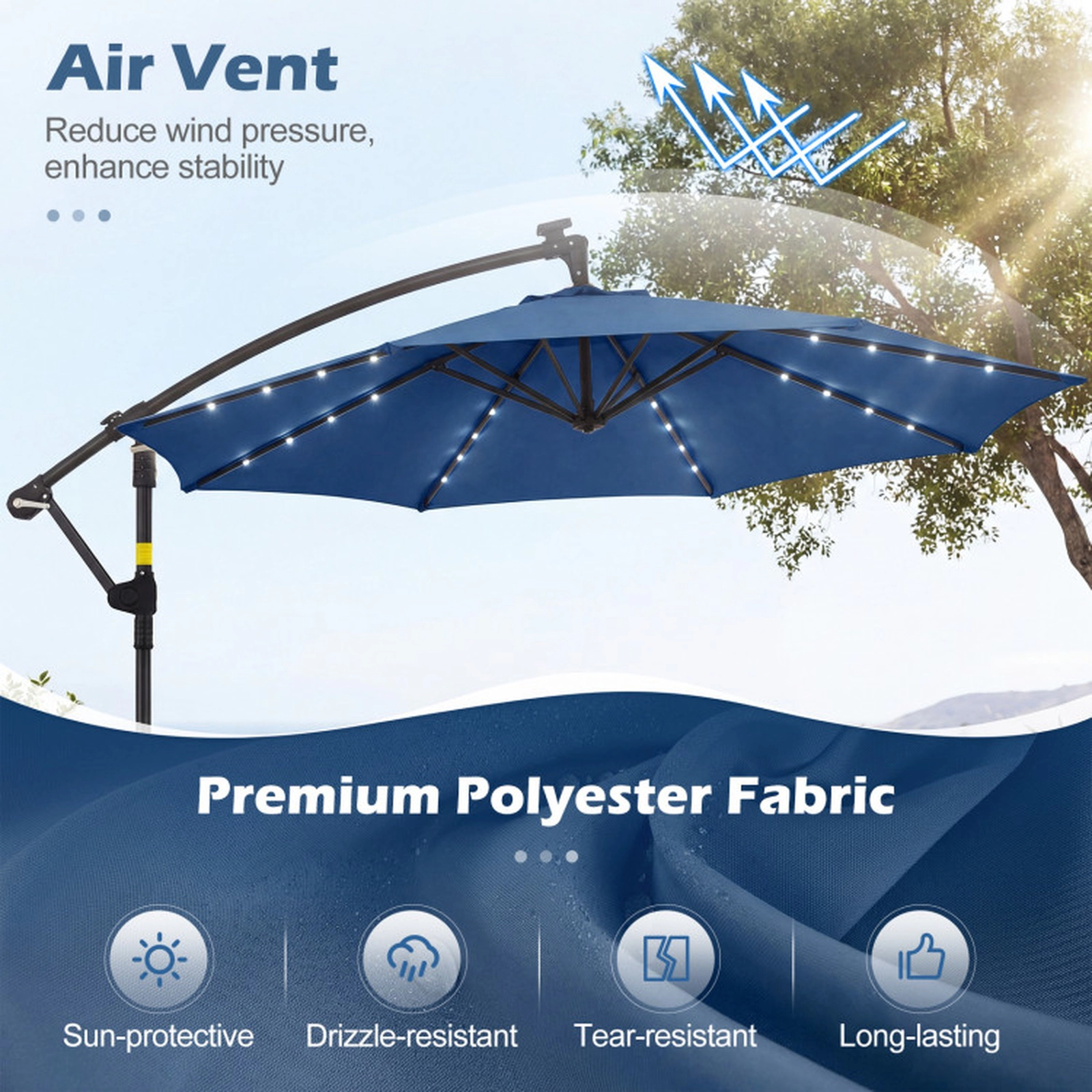 SUGIFT 10-ft Blue Solar LED Offset Cantilever Patio Umbrella with Cross Base and 2 Sandbags for Backyard