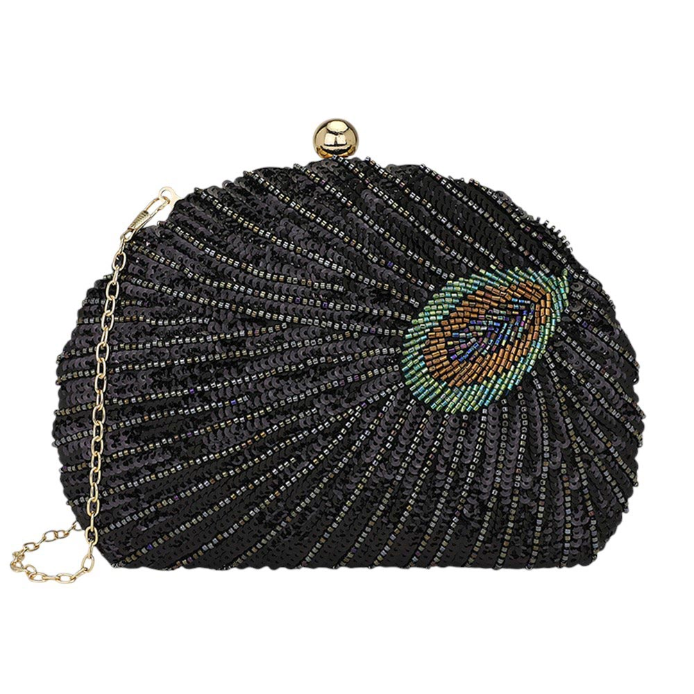 Fashnzfab Beaded Sequin Peacock Clutch Evening Bag Crossbody