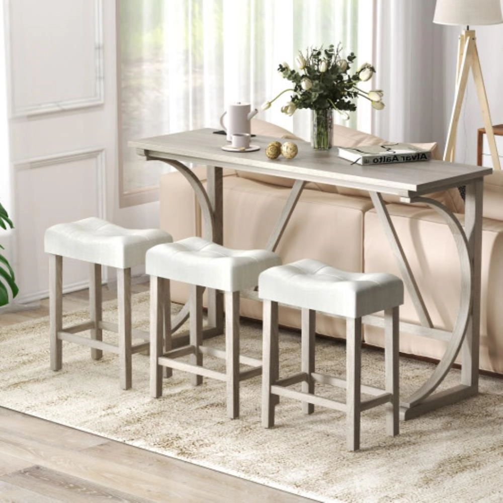 Hivvago 4-Piece Bar Table Set With Power Outlet And Upholstered Saddle Seat Stools-Grey And Beige