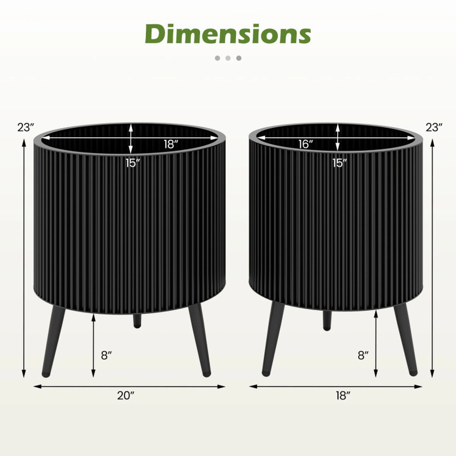 SUGIFT Set of 2 Black Fluted Metal Flower Pots with Stands 14-in Dia and 12-in Dia 21.5-in H 110-lb Pot Capacity