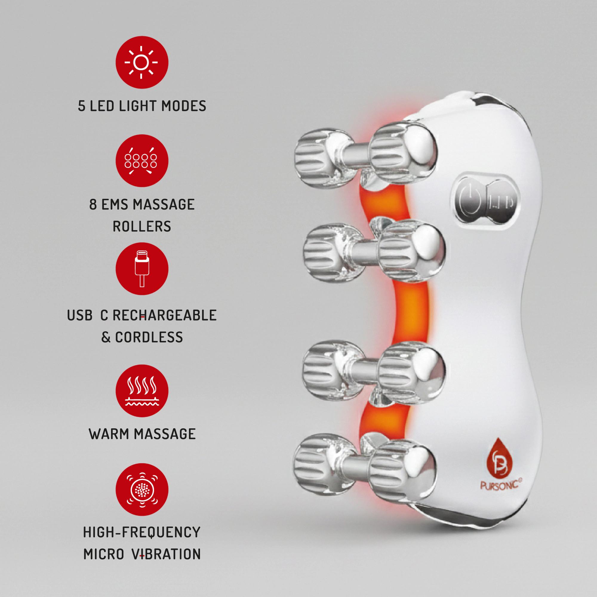 Pursonic Women’s LED Skincare Device: 5-in-1 LED Light Therapy Skin Roller Massager