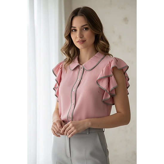 DressAtR Women's Pink Two Tone Flutter Sleeveless Collar Front Button Blouse