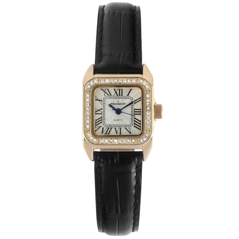 Peugeot Women's 34x24mm Tank Watch with Crystal Bezel Leather Strap