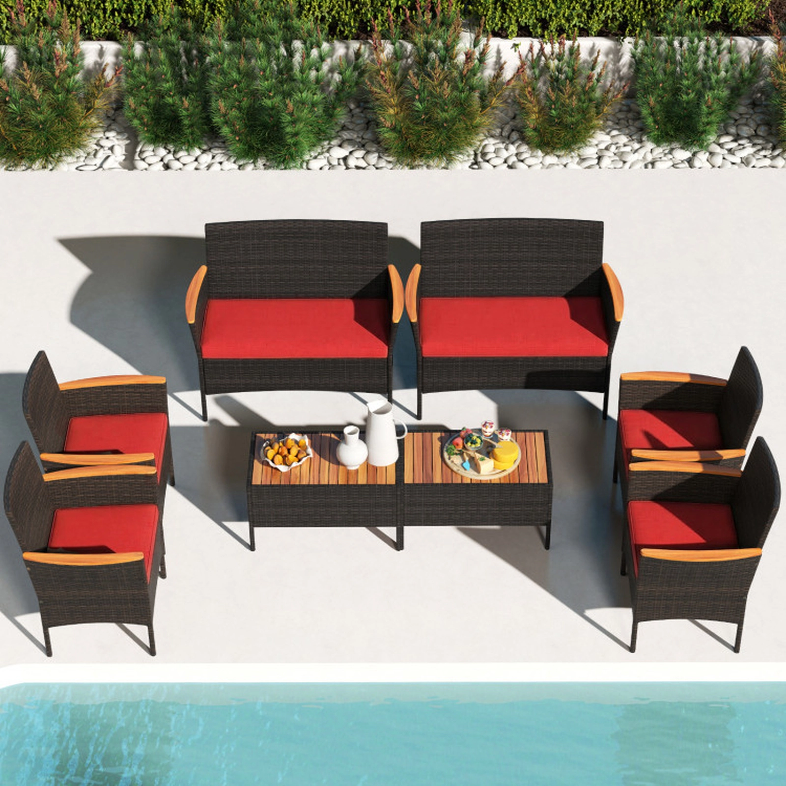 SUGIFT 8-Piece Red Patio Wicker Sofa Set with 4 Chairs and 2 Loveseats 16-in Seat H 800-lb Loveseat Capacity