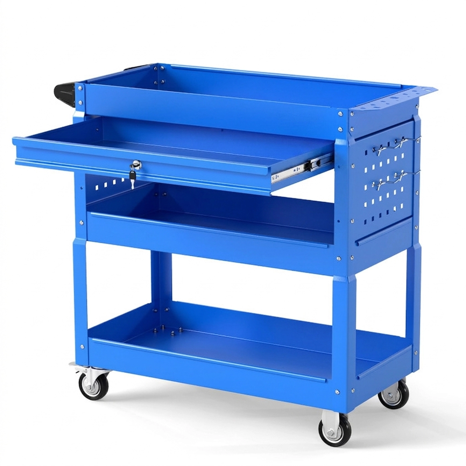 SUGIFT 3-Tier Lockable Drawer 4 Hooks Pegboard Metal Rolling Tool Cart 33-in x 14-in x 30-in 350-lb Capacity Blue