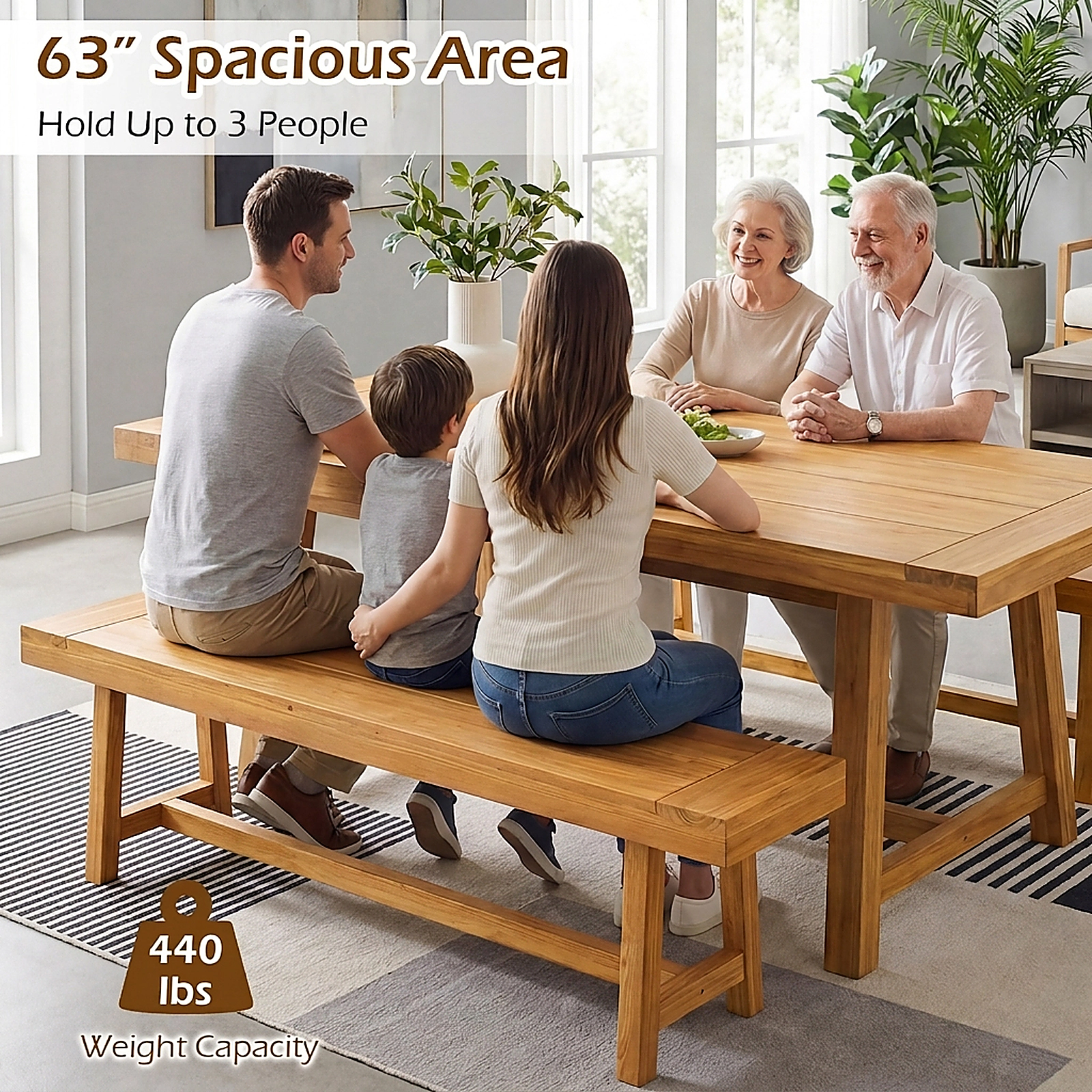 SUGIFT 63-in Solid Teak Wood Bench 330-lb Capacity Natural