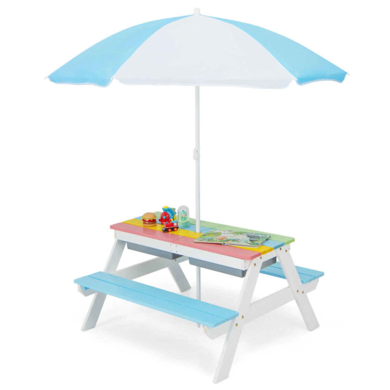 Hivvago 3-In-1 Kids Outdoor Picnic Water Sand Table With Removable Umbrella And Boxes-Coffee