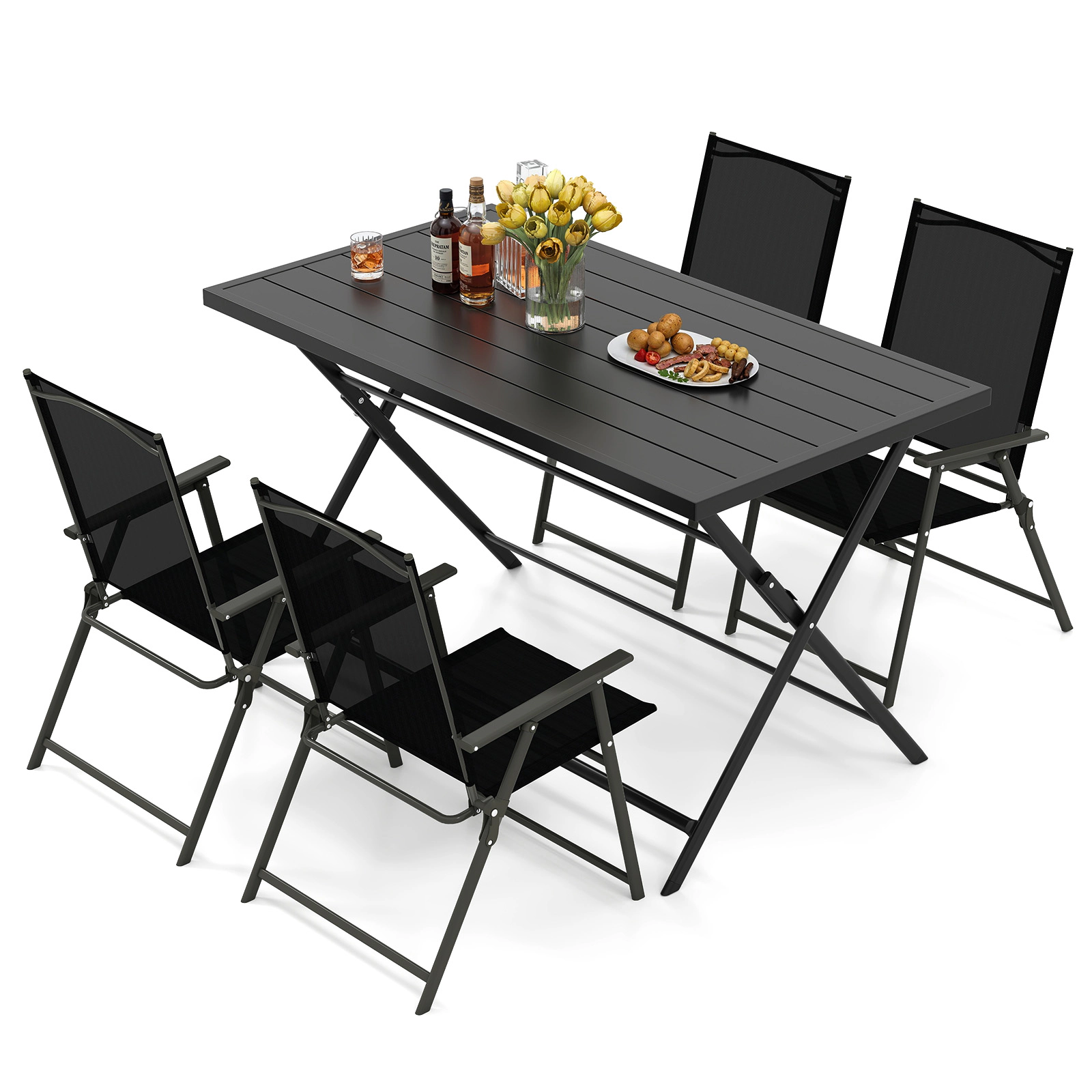SUGIFT 5-Piece Black Folding Patio Dining Set with 48-Inch Metal Table and 4 Mesh Chairs