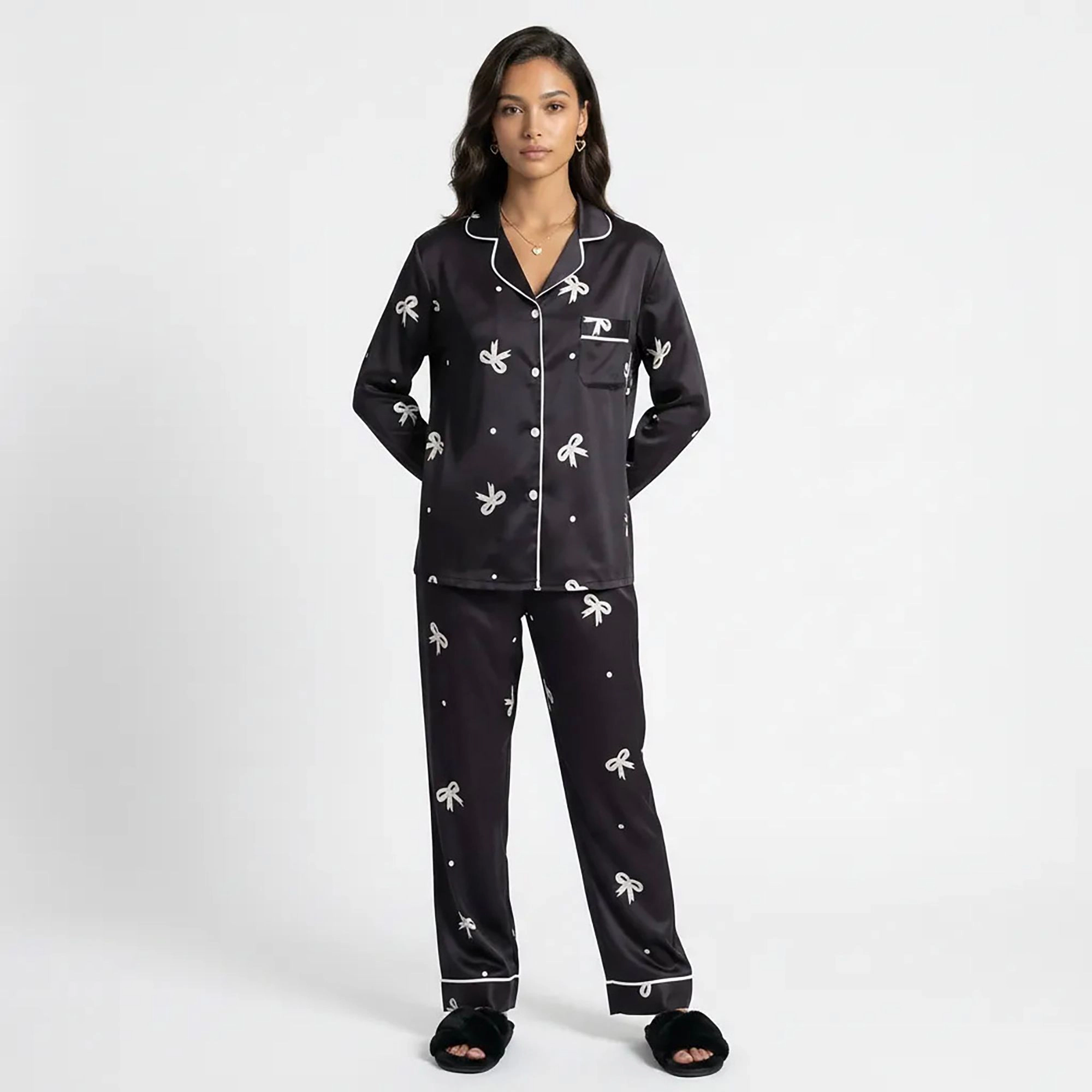 Anna-Kaci Women's Printed Satin Pajama Set with Button Up Long Sleeve Top and Piping Detail