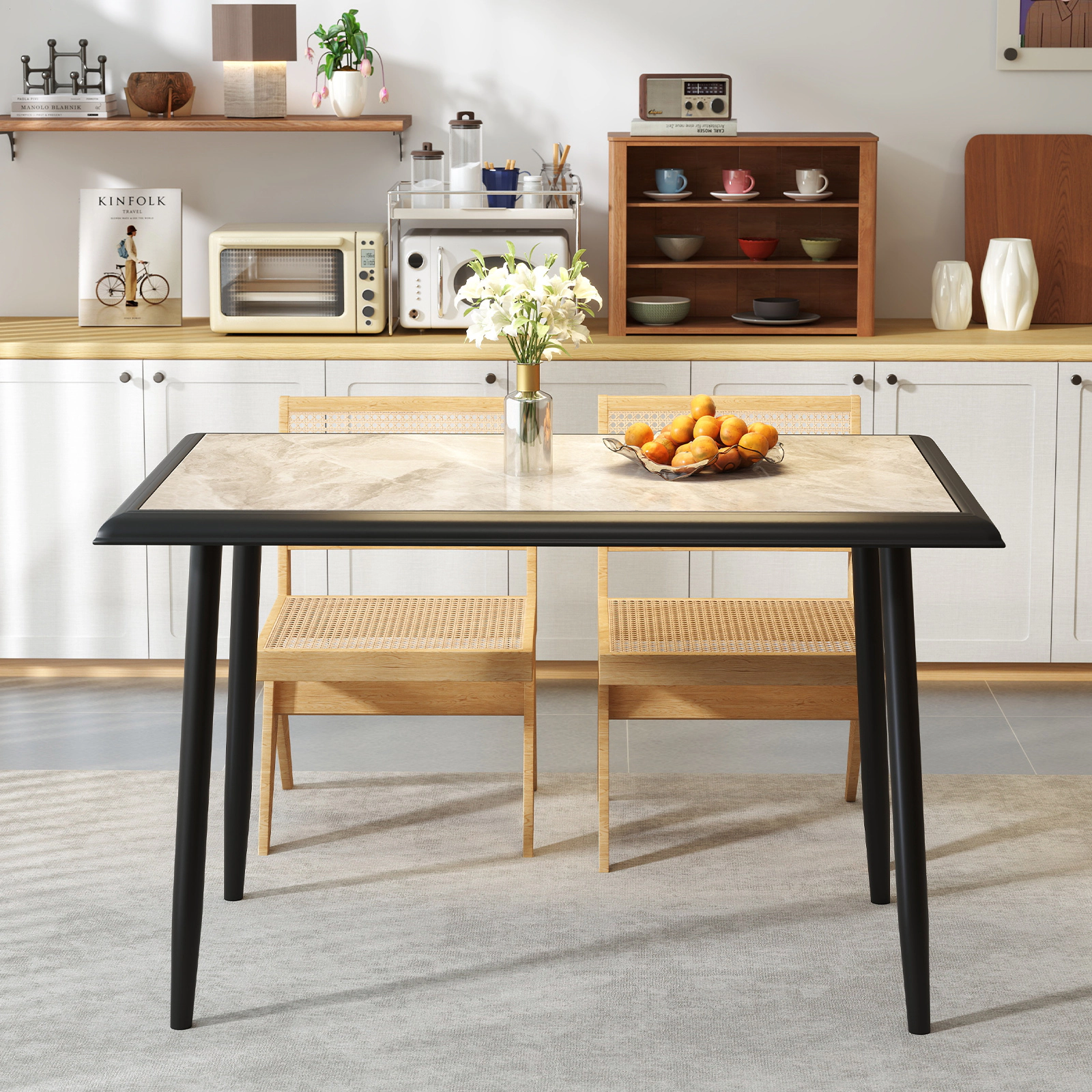 LJG 44" Sintered Stone Rectangular Dining Table with Metal Frame for Kitchen and Dining Room