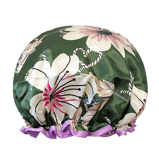 Wrapables Reusable Women's Waterproof Shower Caps for Long Hair, Lilies Green