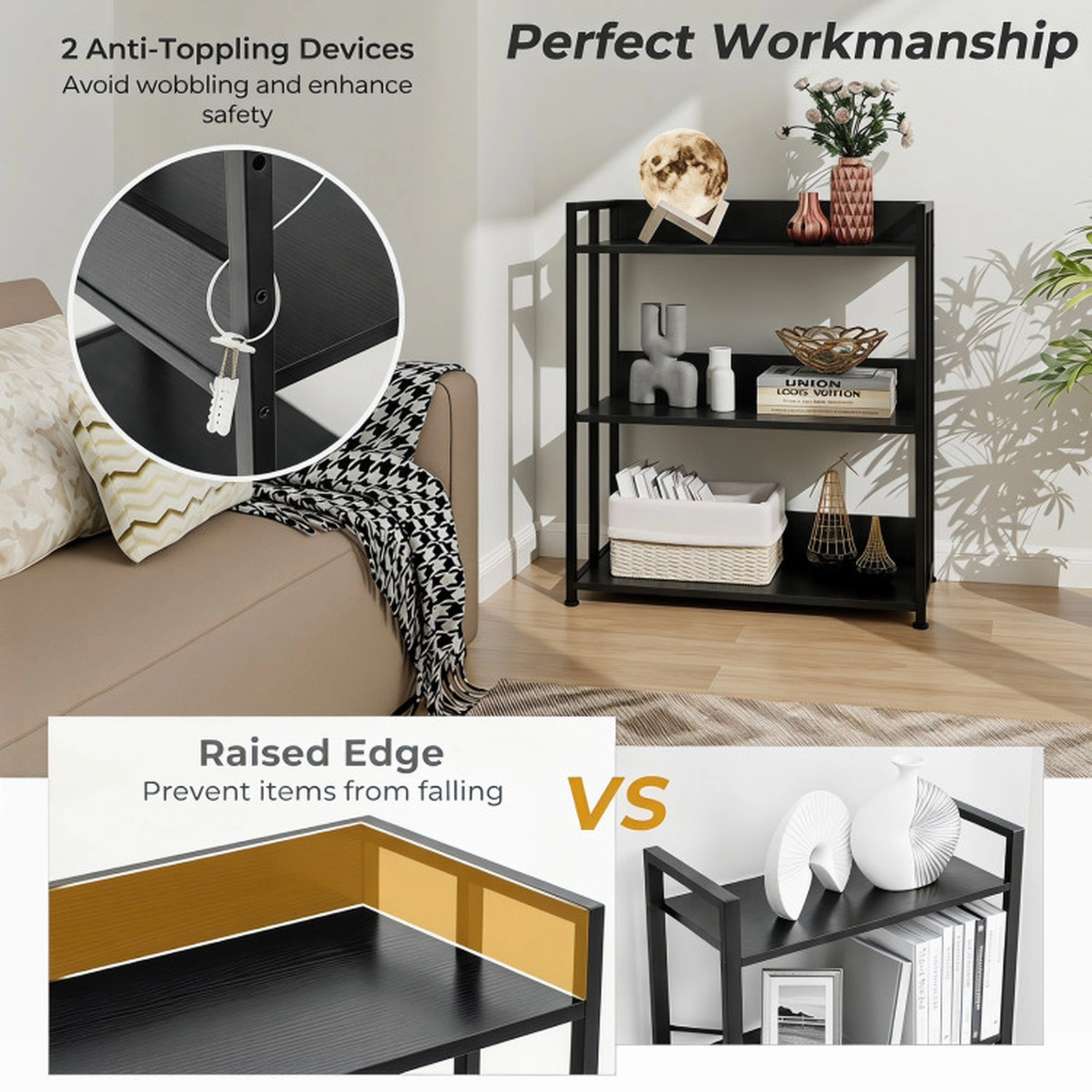 SUGIFT Black 3-Tier Corner Bookshelf with Adjustable Shelves and Anti-Toppling Device