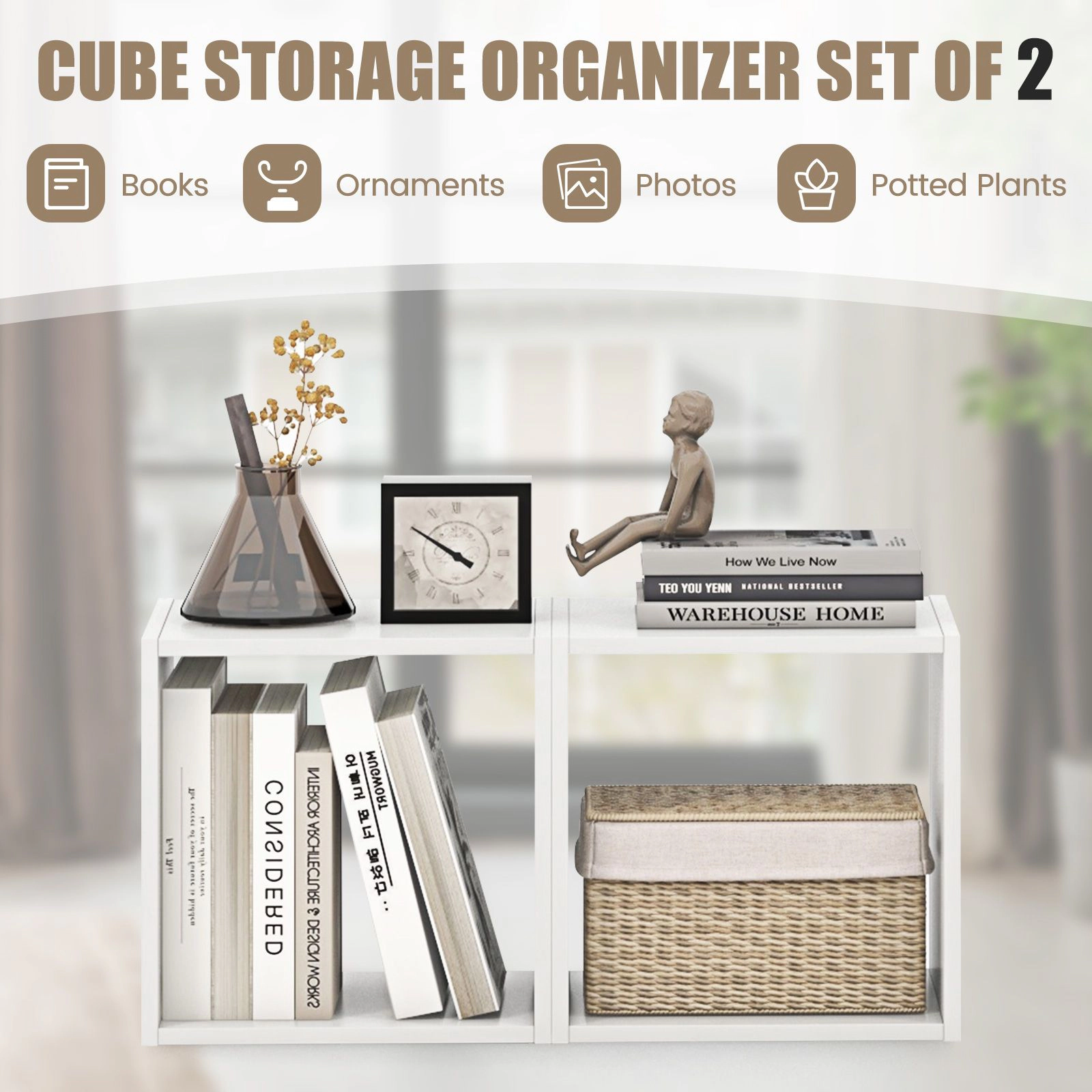 SlickBlue Set of 2 Modular Wooden Cube Shelving Unit for Books & Displays