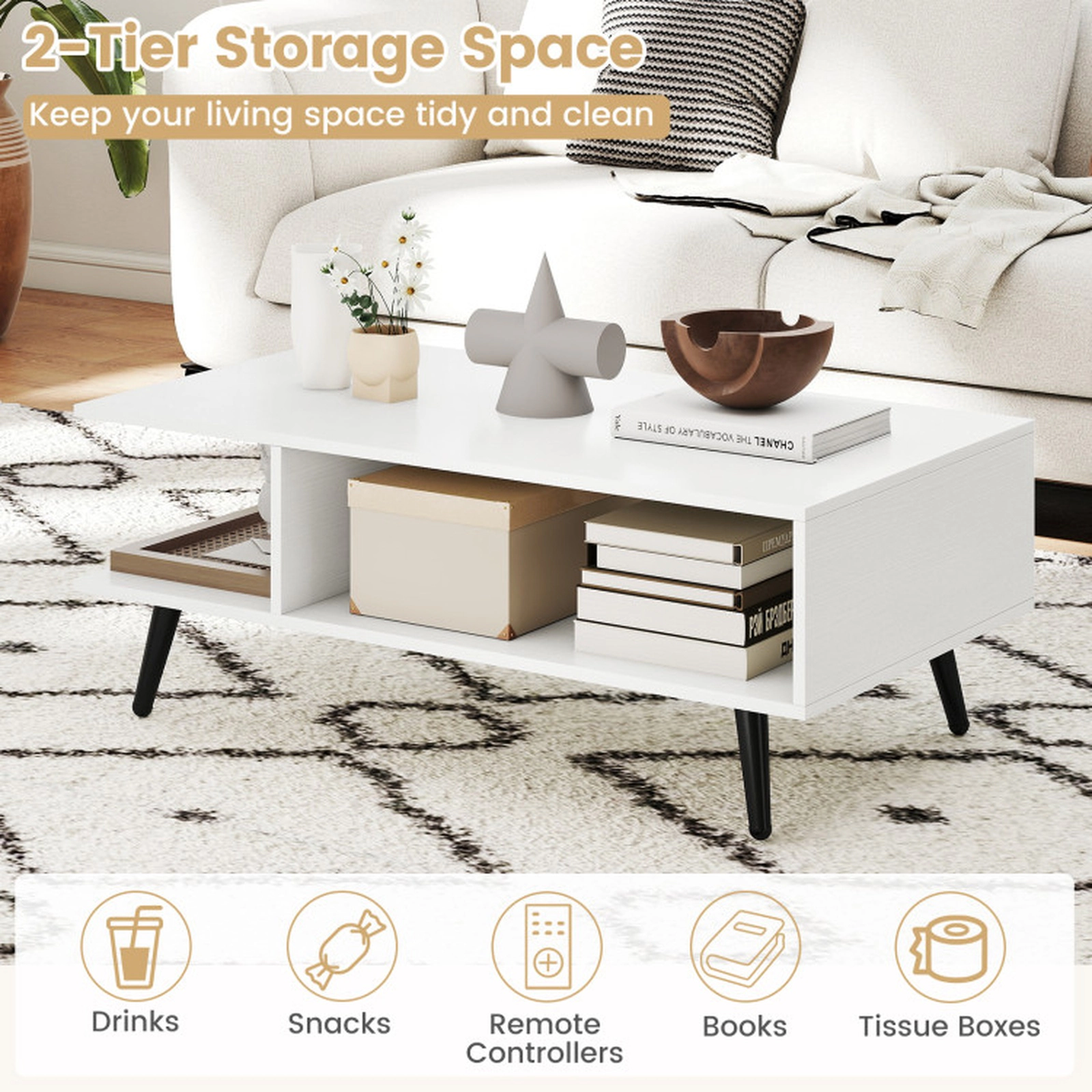 SUGIFT 110-lb Capacity Mid Century Modern White Rectangle Coffee Table with 2 Open Compartments