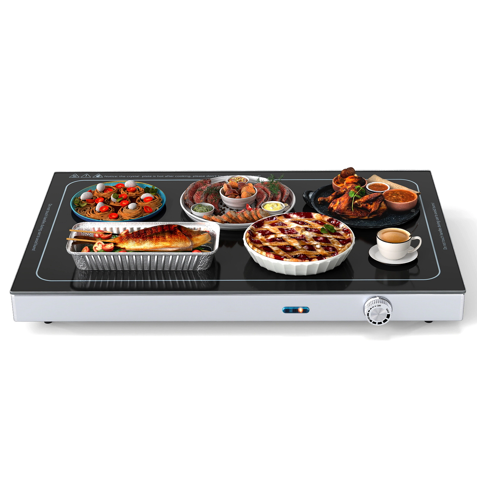 LJG Electric Warming Tray with Adjustable Temperature and Built-in Handles Tempered Glass