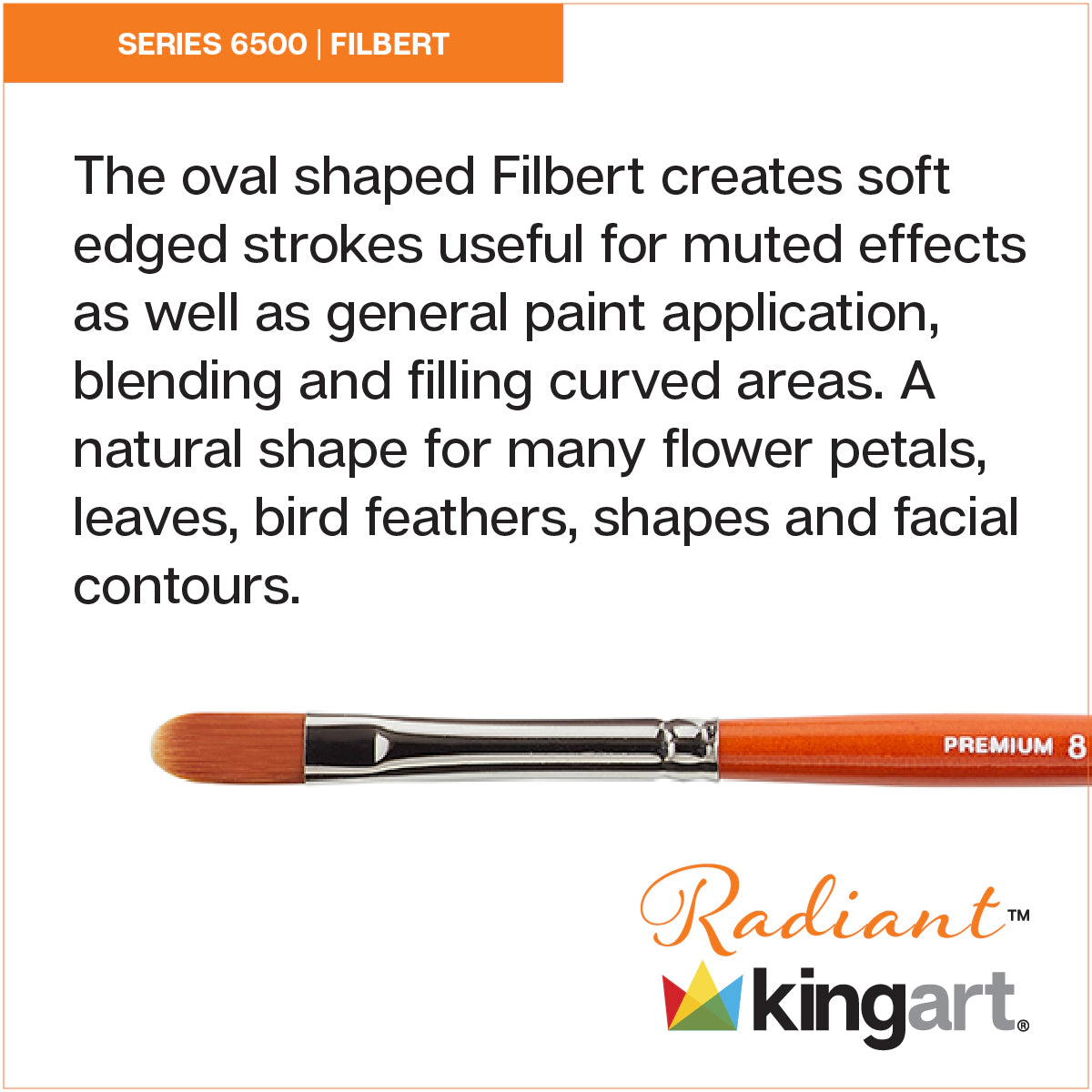 KINGART Radiant 6500 Filbert Premium Golden Synthetic Brush - Short Handle