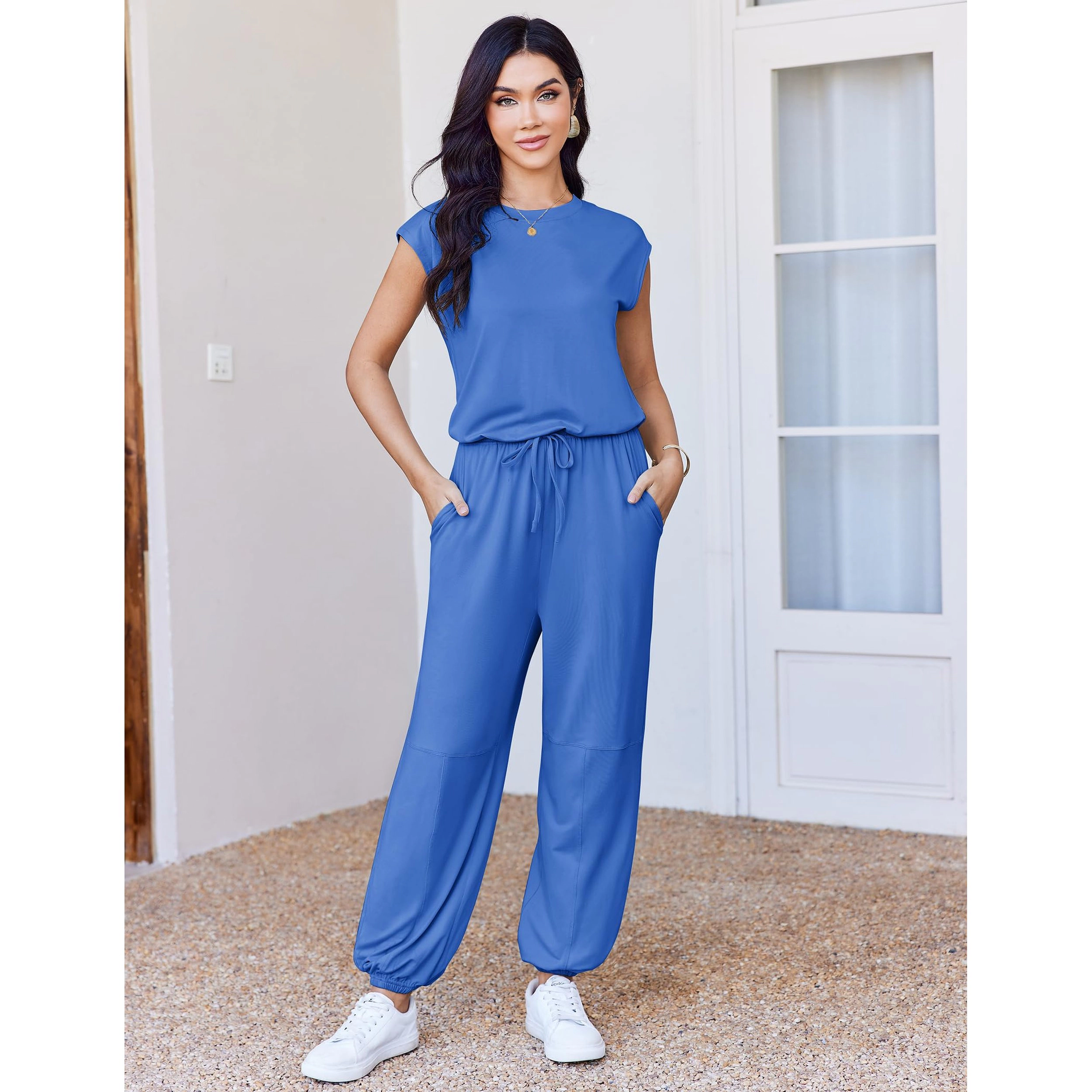 Ekouaer Women's Crew Neck Cap Sleeve Top & Tie Waist Jogger Pants Set