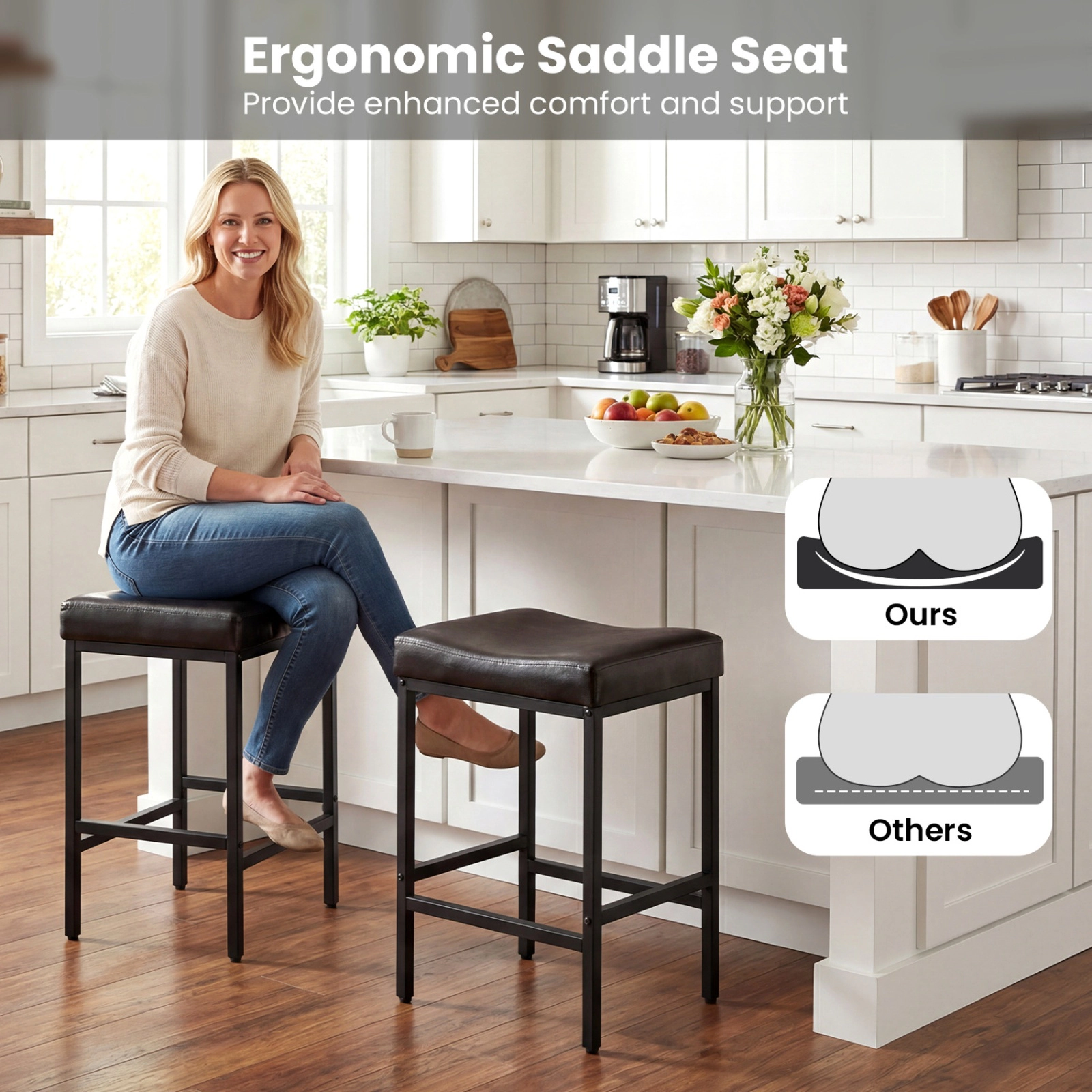 SUGIFT Set of 2 25-in Backless Faux Leather Saddle Counter Stools, 400-lb Capacity