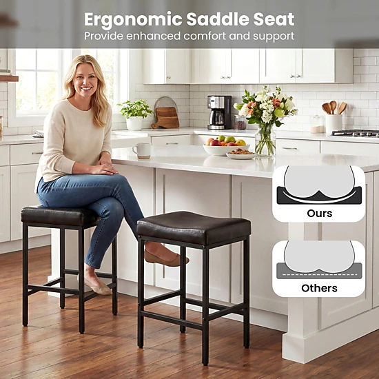 SUGIFT Set of 2 25-in Backless Faux Leather Saddle Counter Stools, 400-lb Capacity