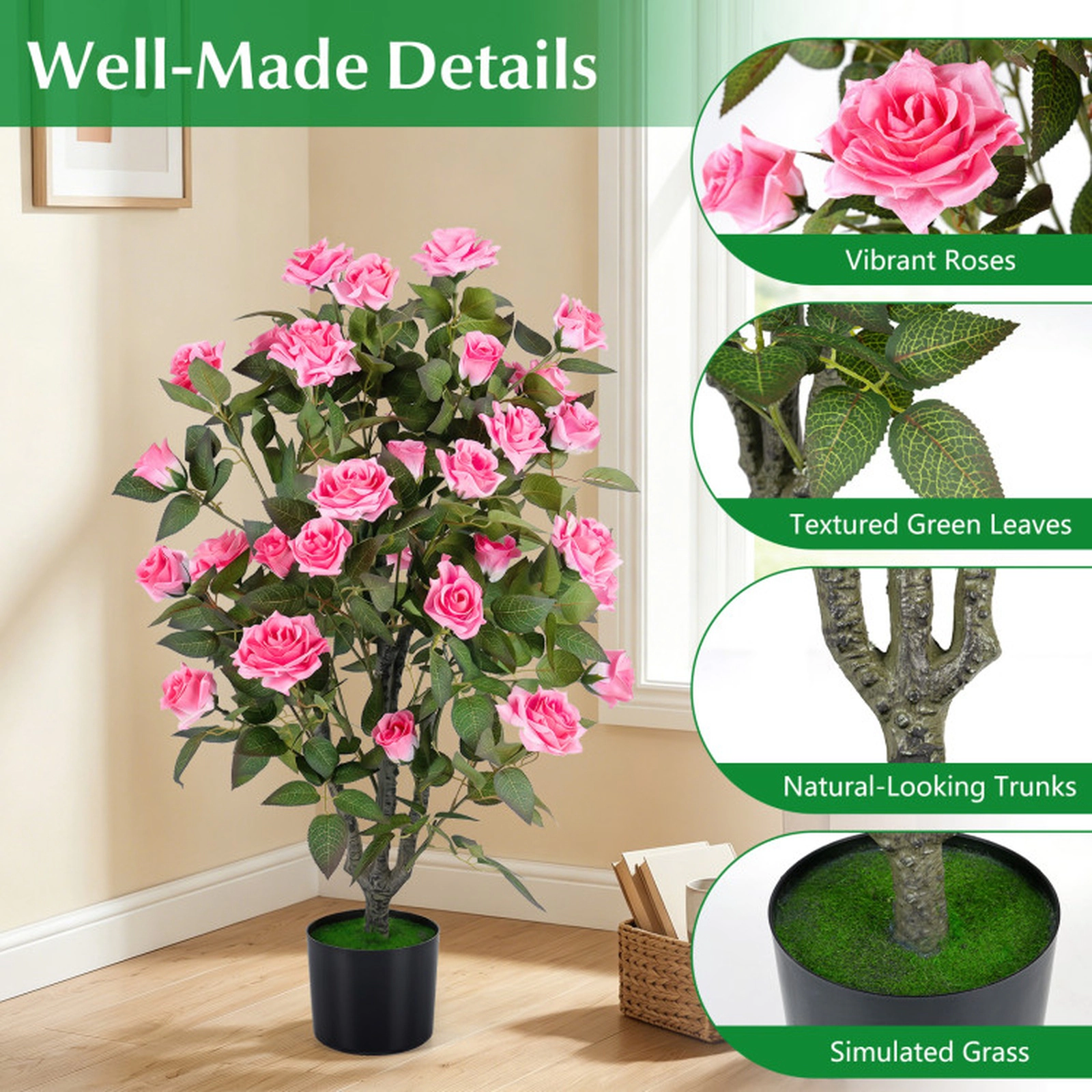 SUGIFT 35.5-in Artificial Rose Tree with Blooming Flowers and Green Leaves 32-Flower Indoor Pink & Green & Black
