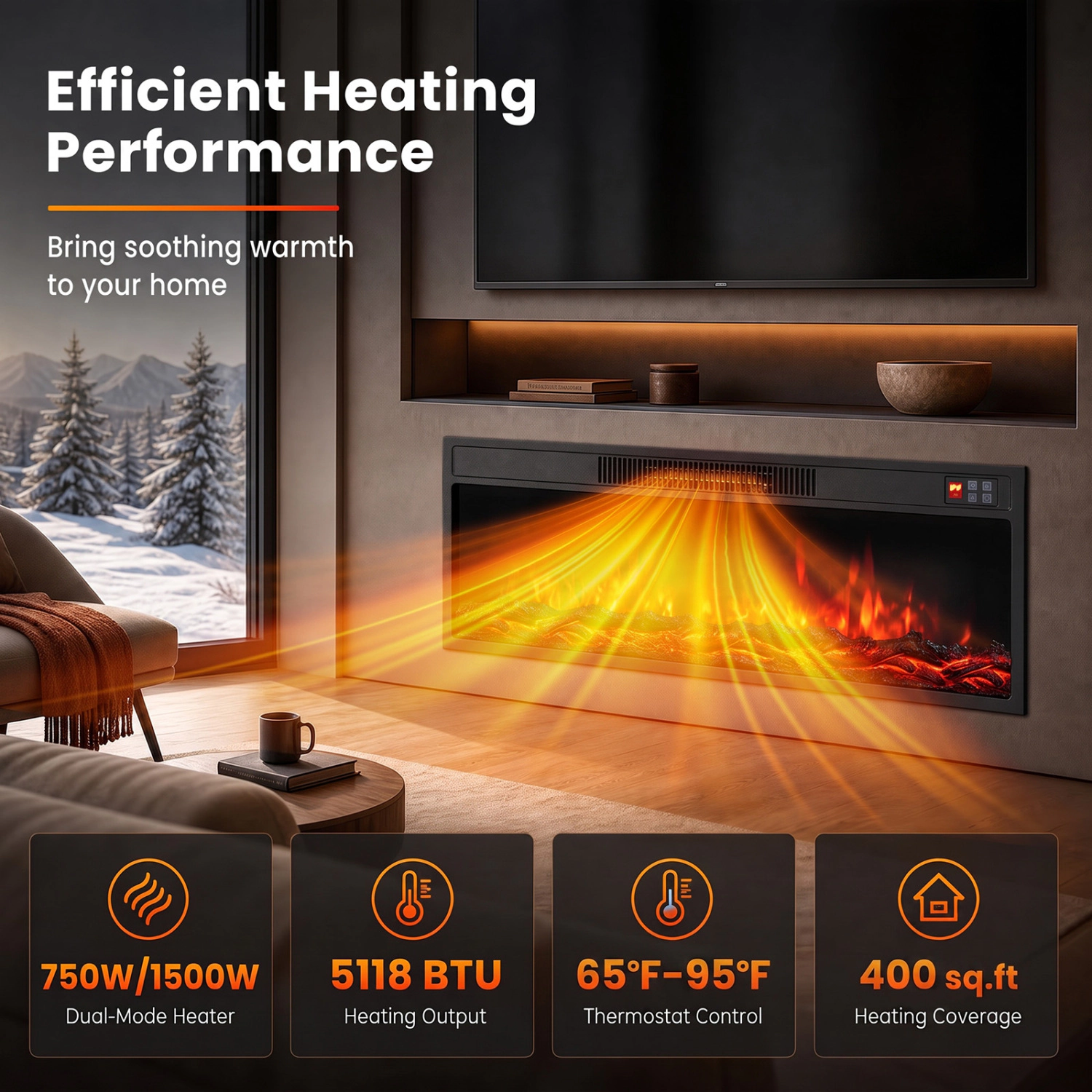 LJG Recessed Electric Fireplace Heater with Adjustable Flame Colors & Brightness