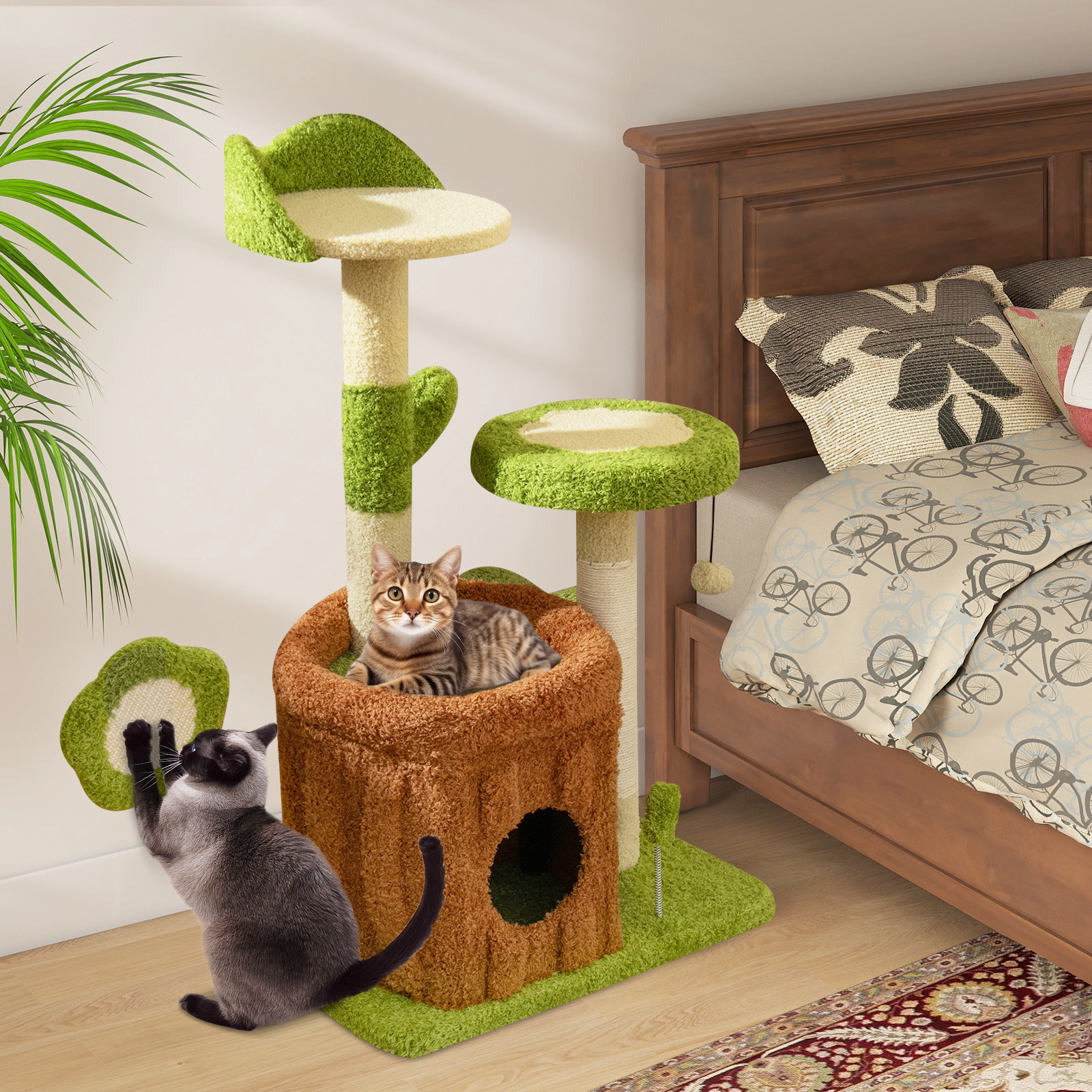 SUGIFT Trunk Condo Cat Tree Indoor Pet Jungle Activity Center 36-in Tall Flower Perches 22-lb Capacity Green + Brown