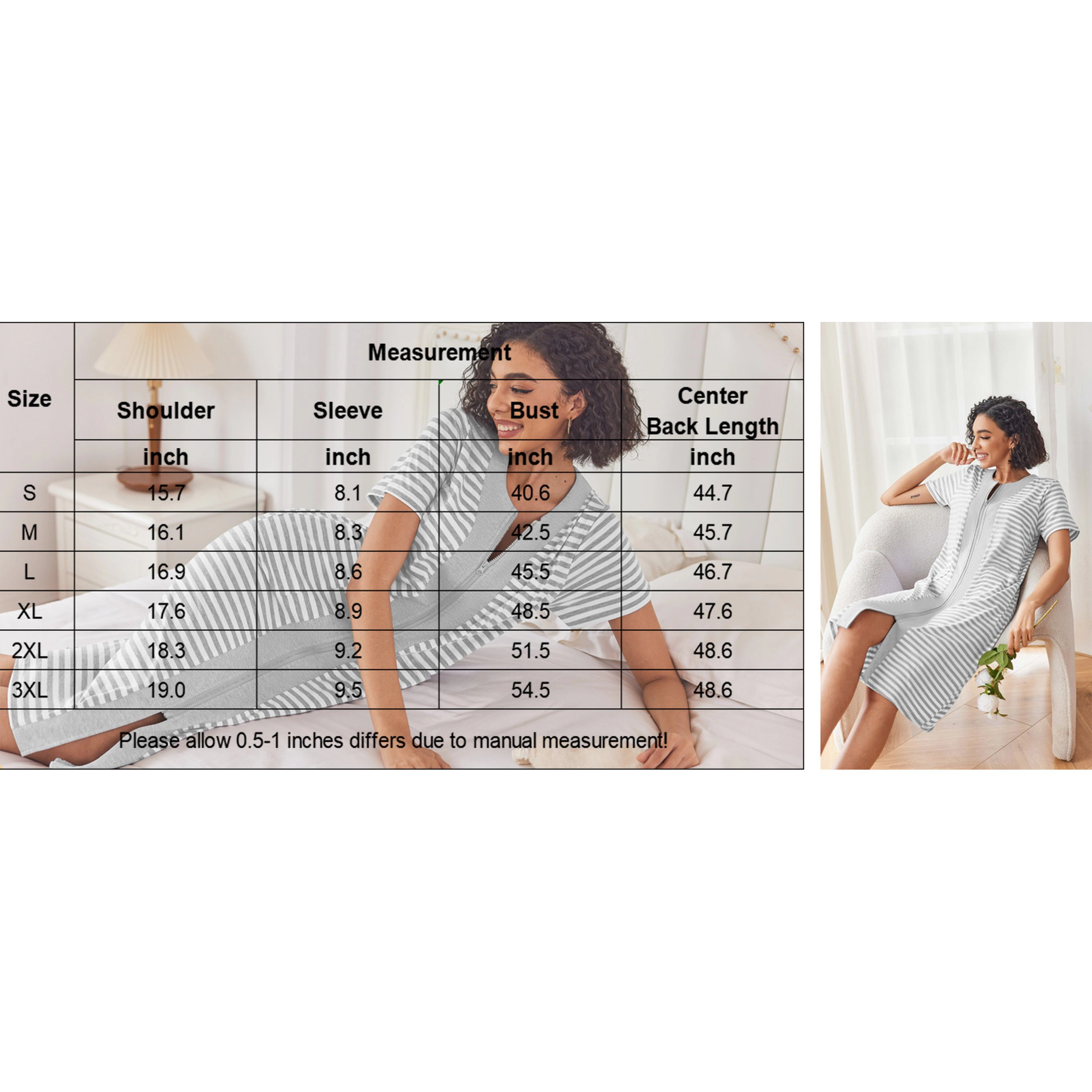 Ekouaer Robes For Women Zipper Front Bathrobe Short Sleeve House Coat Long Nightgown With Pockets