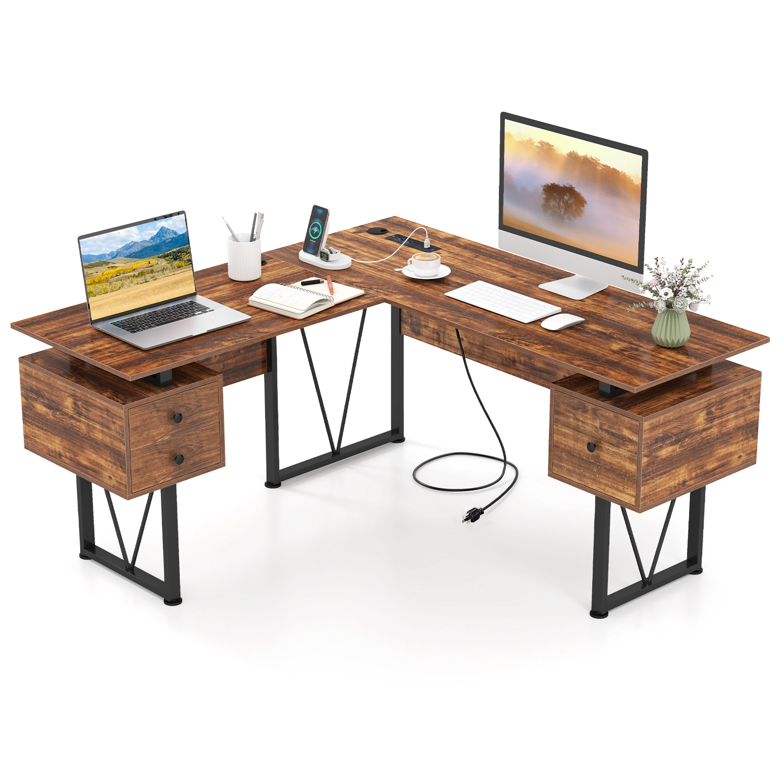 LJG L-shaped Computer Desk with Power Outlets and 3 Storage Drawers