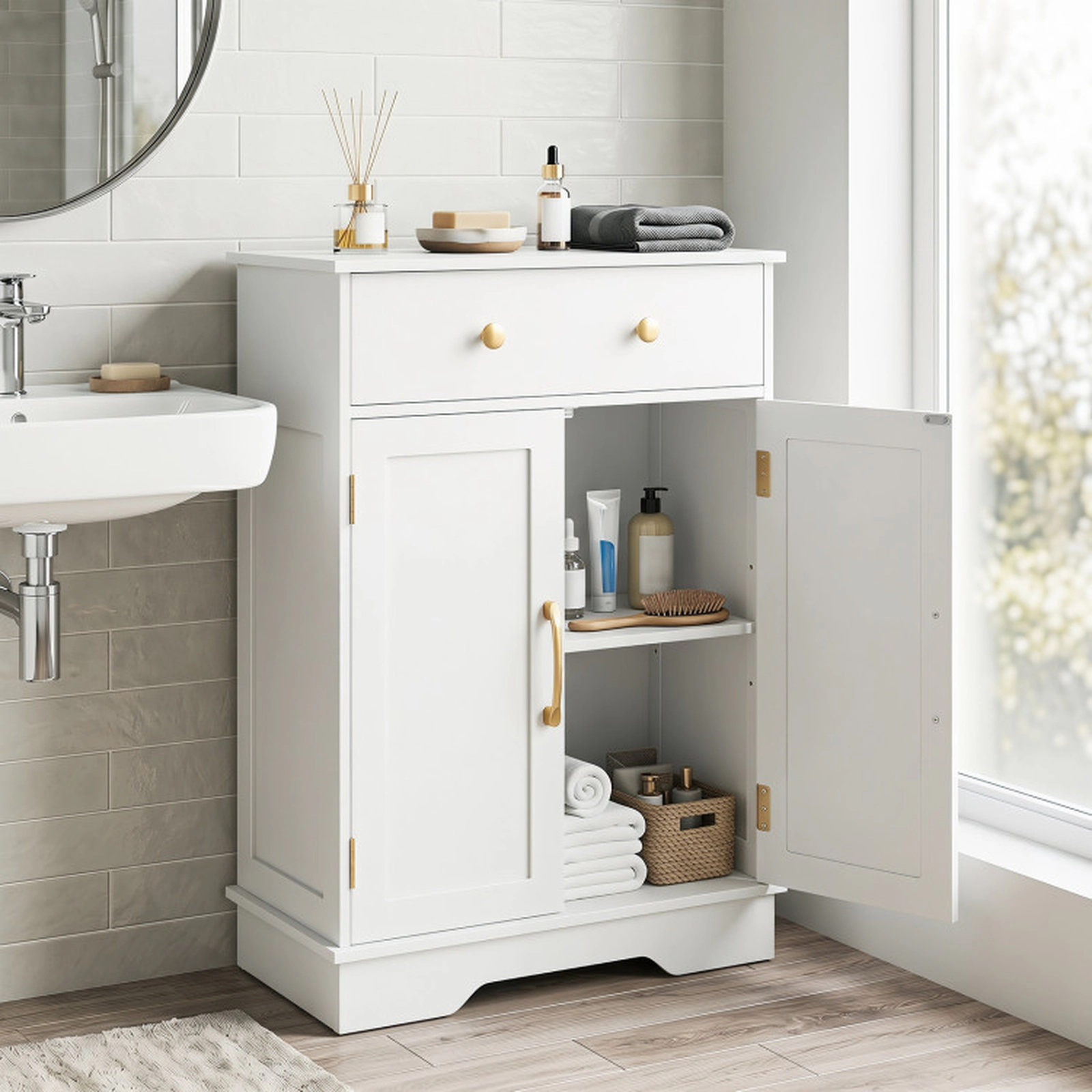 SUGIFT 2-Door Gold Handles Drawer 3-Level Shelf Floor Storage Sideboard 22-in x 12-in x 31.5-in 44-lb Capacity White