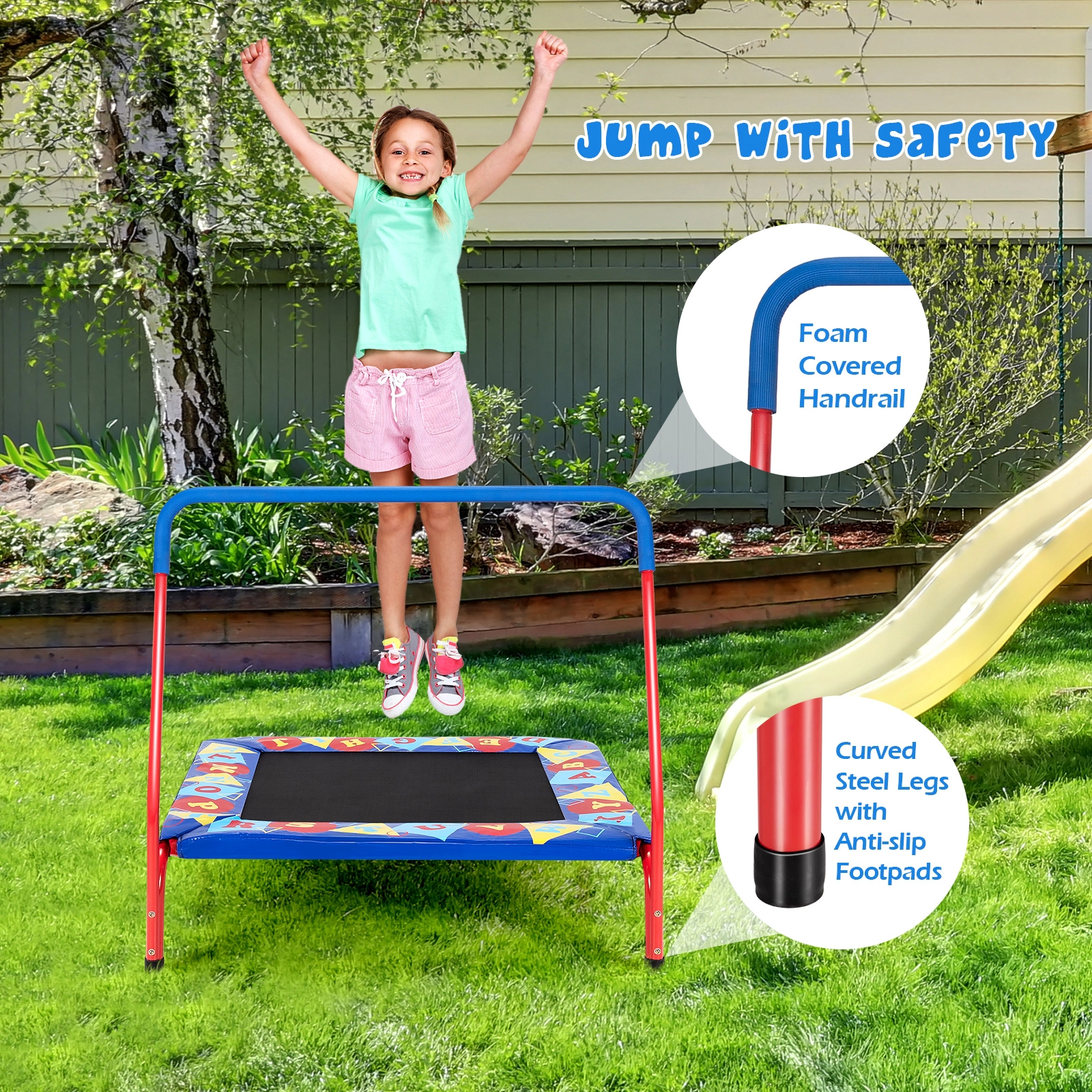 36-in Square Trampoline for Kids Foam Handrail 330-lb Capacity 24-Letter Alphabet Mat Safety Cover Blue