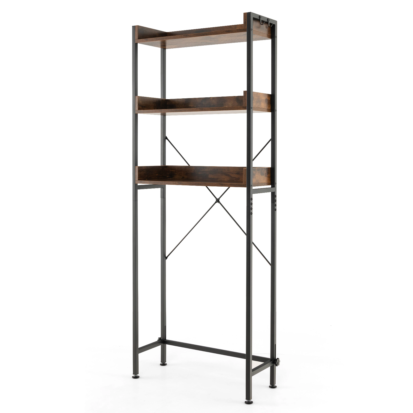 SUGIFT Rustic Brown Freestanding Over the Toilet Rack with Adjustable Bottom Bar 4 Towel Hooks and Shelves