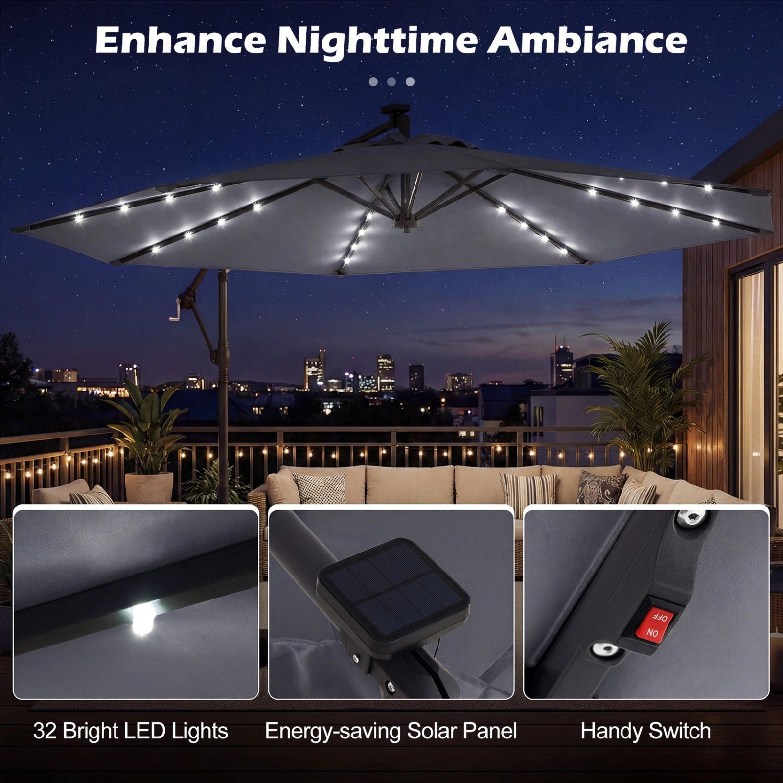SUGIFT 10-ft Brown Solar LED Offset Cantilever Patio Umbrella with Weighted Cross Base 116-lb Capacity