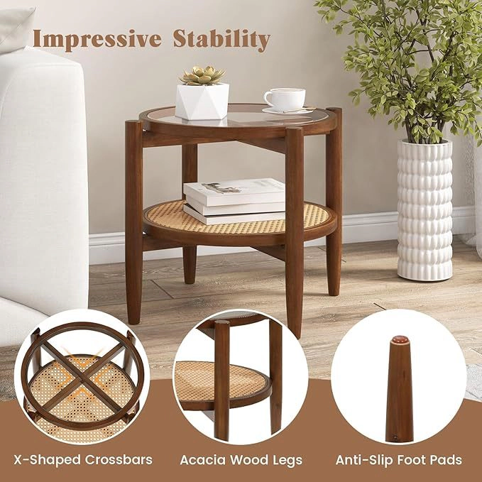 Glintex 2-Piece Round Rattan Side Table Set with Tempered Glass Tops, Walnut