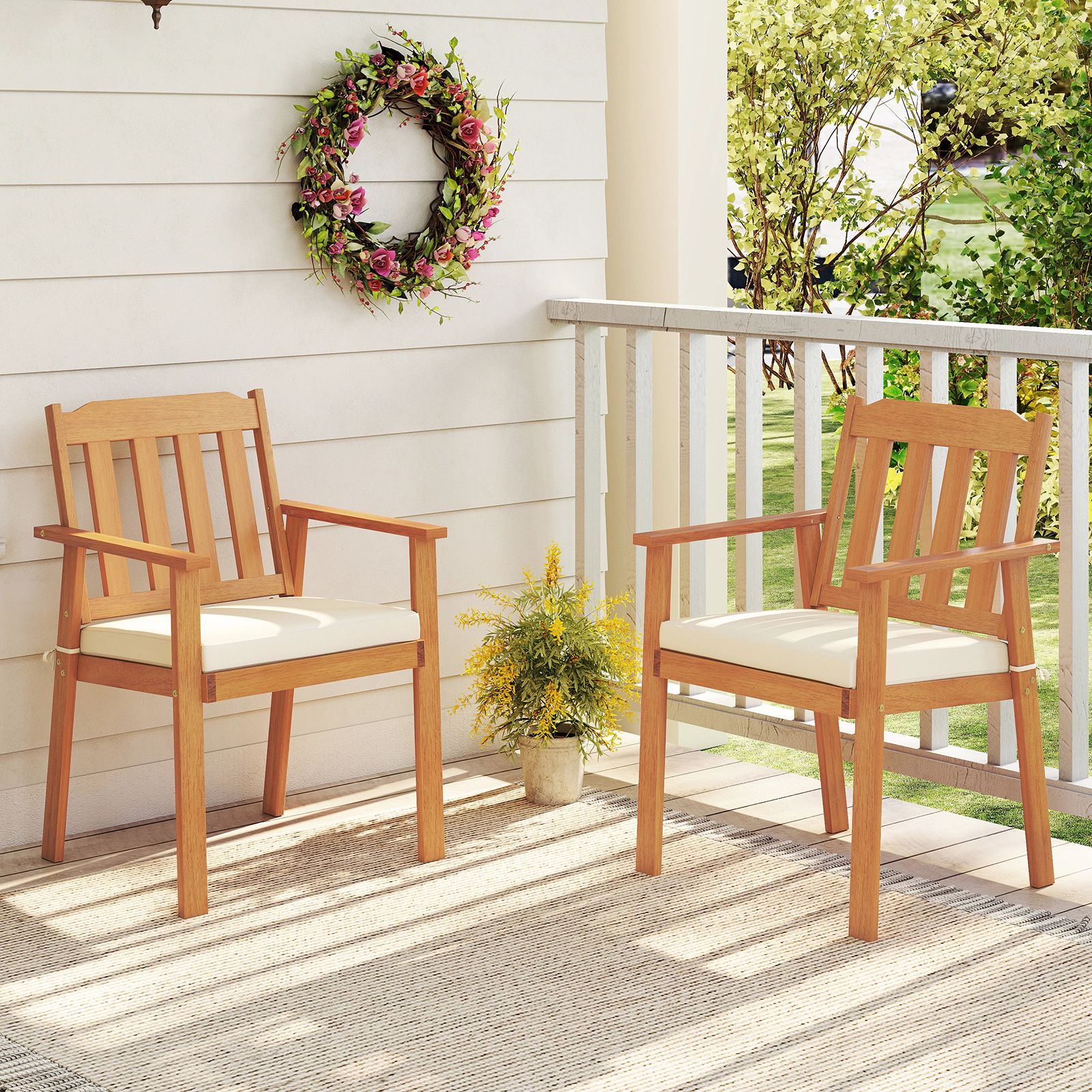 SUGIFT 2-Piece Acacia Wood Patio Dining Armchairs 400-lb Capacity 22.5-in Frame 19.5 x 18-in Seat Natural with Cushions