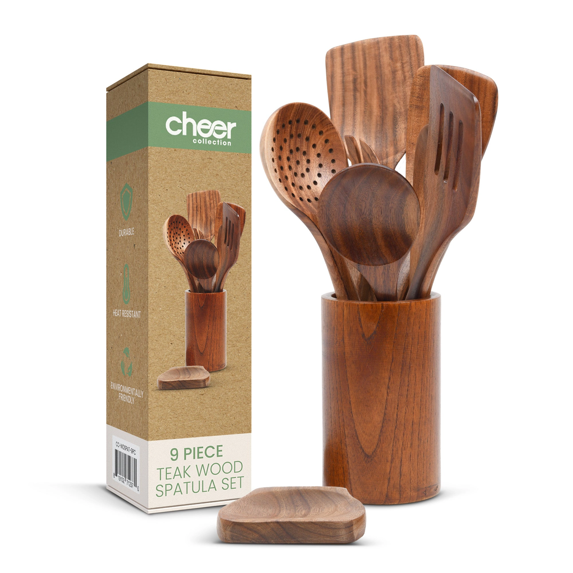 Cheer Collection 9-Piece Deluxe Wood Utensil Set w/ Holder & Spoon Rest