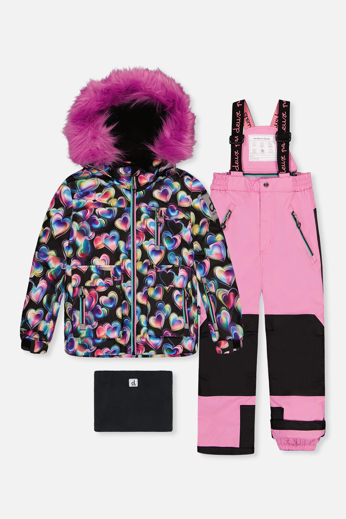 Deux par Girls Heart Print Two Piece Play Snowsuit with Hooded Jacket and Snow Pants