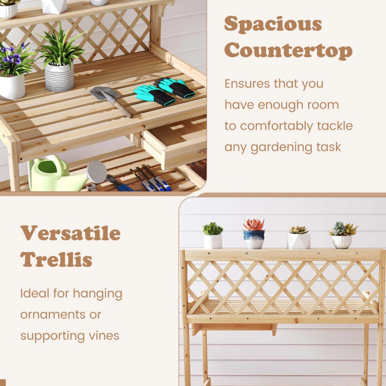 SUGIFT Natural Wood Potting Bench with Lattice Trellis and Drawer 35.5-in W 34.5-in H 176-lb Tabletop Capacity