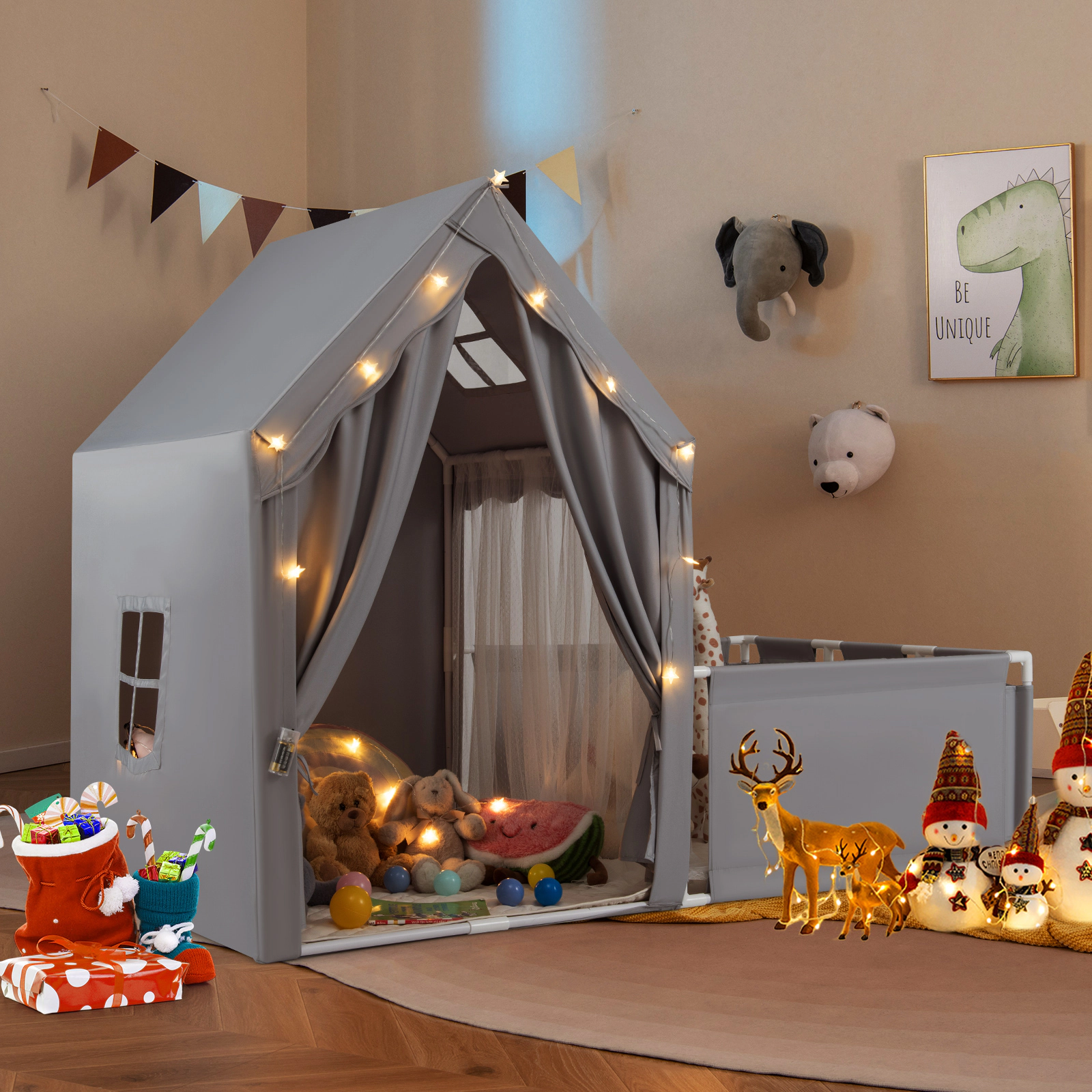 SUGIFT Gray Attached Playpen Toddler Playhouse and Star Lights 2-in-1 Kids Play Tent