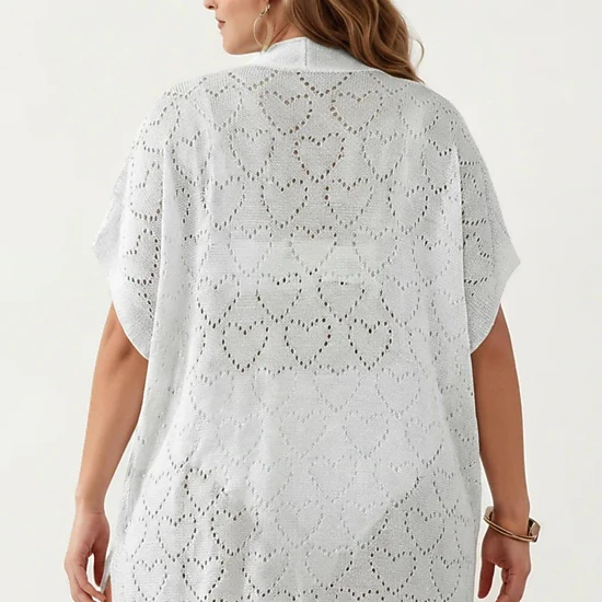 Anna-Kaci Women's Open-Front Knit Cardigan with Heart Pointelle Pattern Short Sleeves Mid Length Fit