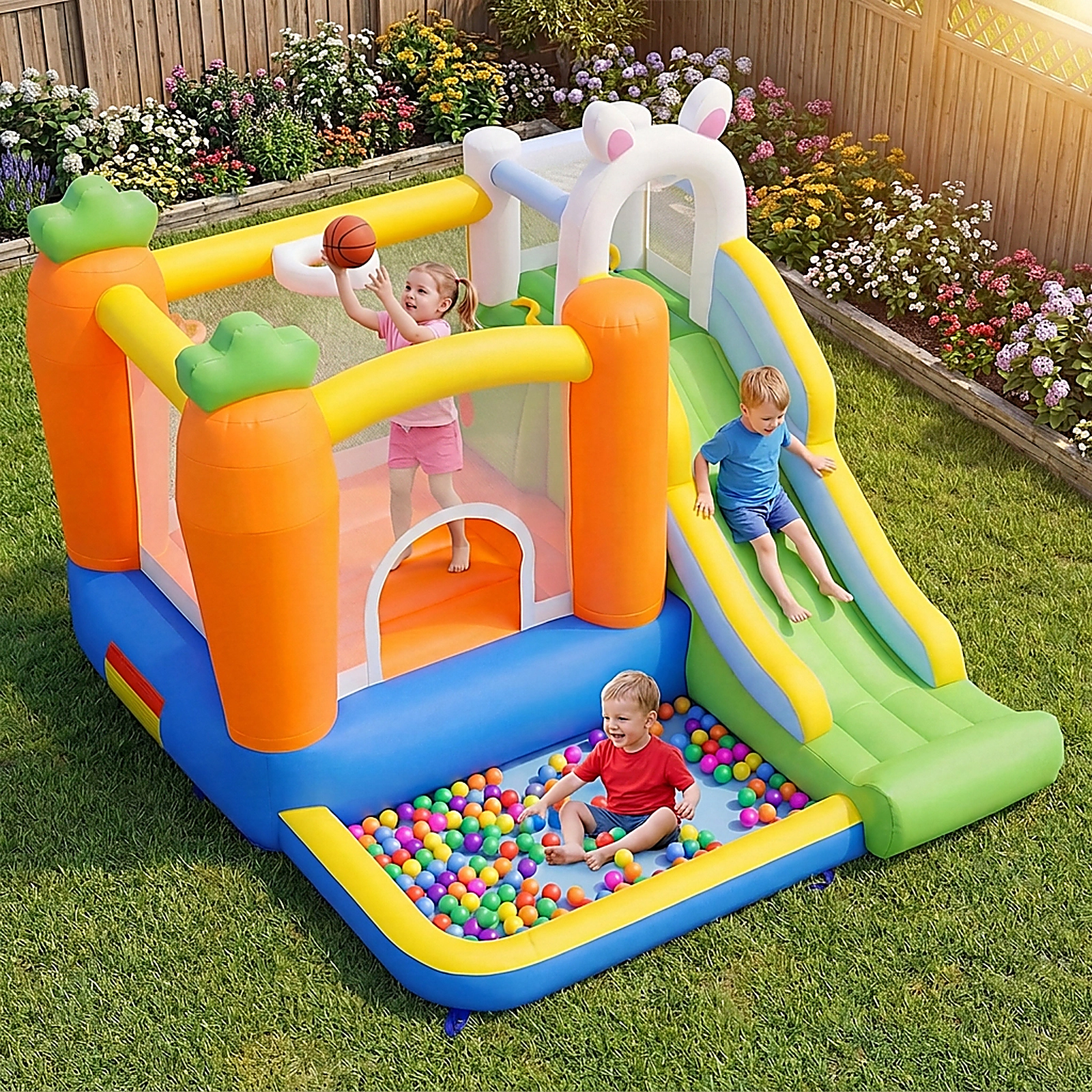 SUGIFT Multicolor Kids Bounce House with Climbing Wall Basketball Rim Slide and Ball Pit 110.5-in W 96.5-in D