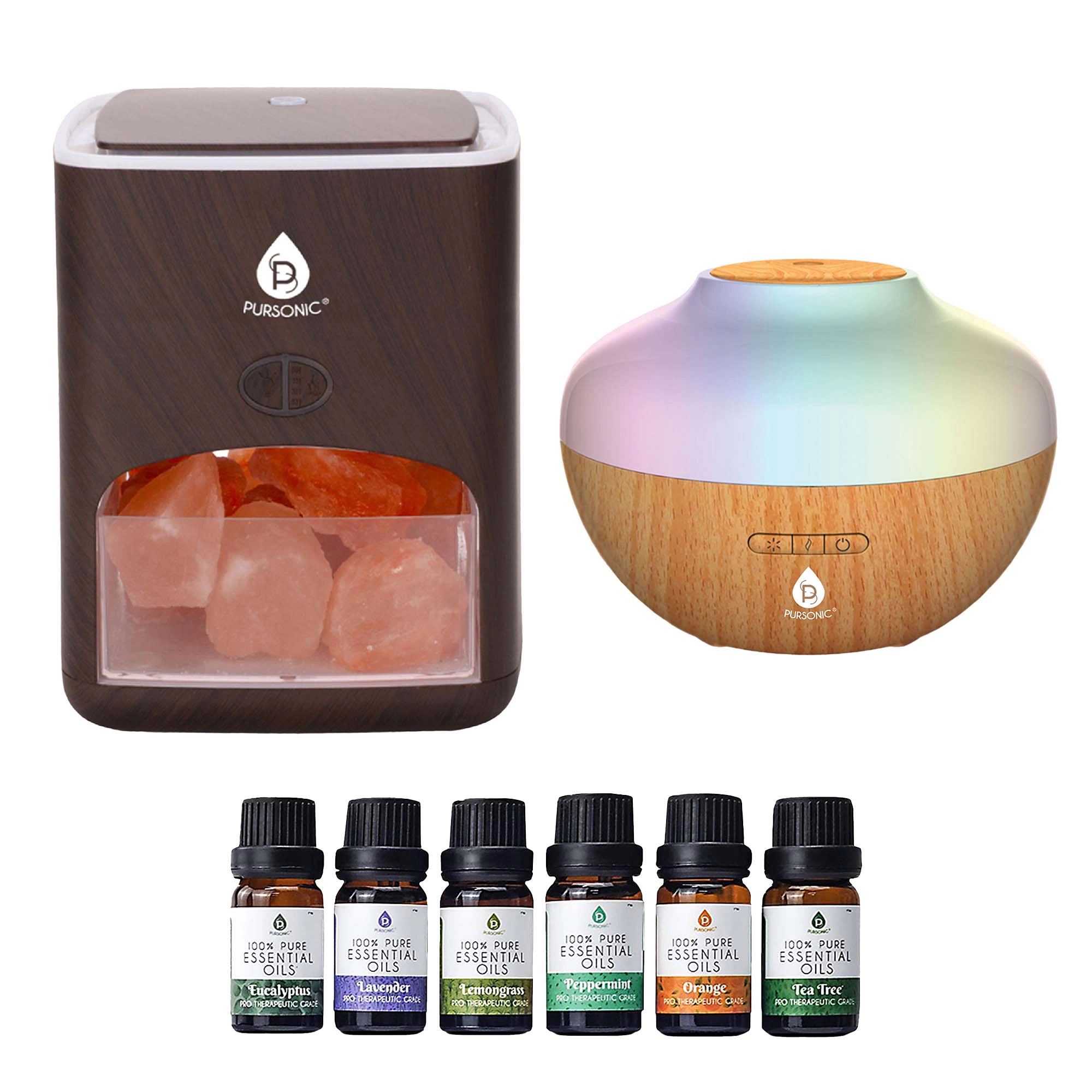 Pursonic Unisex Aromatherapy Bundle: Himalayan Salt Lamp Diffuser, Essential Oil Diffuser & 6 Essential Oils