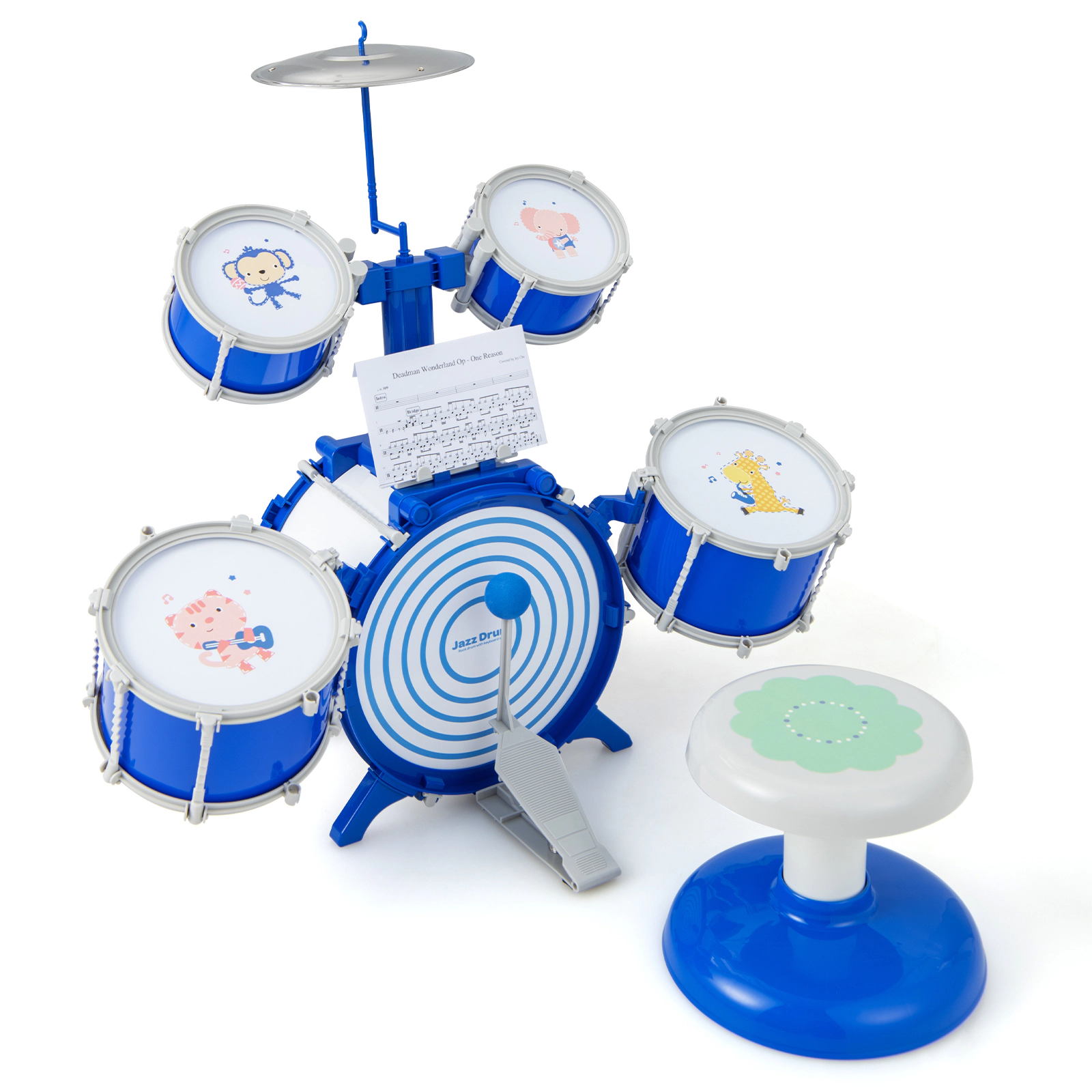 SUGIFT Blue 5-Drum and Cymbal Percussion Kids Drum Set with Stool Anti-Slip Foot Pedal and Drumstick Slots